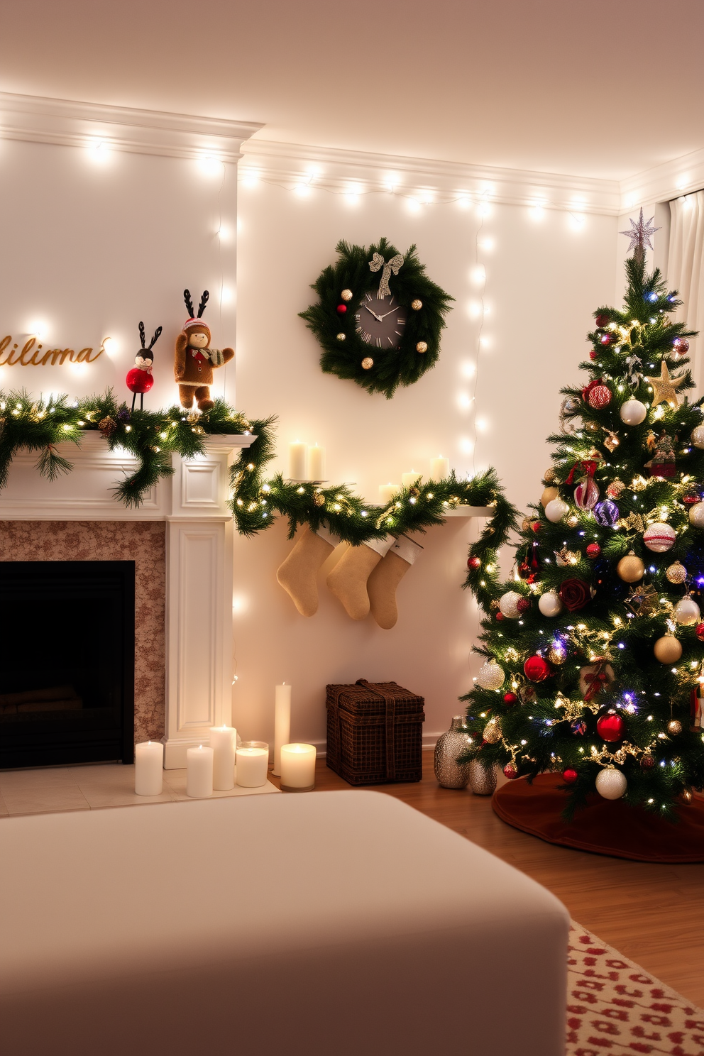 A cozy living room adorned with simple white lights that create a clean and inviting atmosphere. The fireplace is elegantly decorated for Christmas, featuring garlands of pine, twinkling fairy lights, and festive ornaments. The mantel is adorned with stockings and a collection of candles, adding warmth to the space. A beautifully decorated Christmas tree stands nearby, completing the festive ambiance with its shimmering lights and colorful decorations.