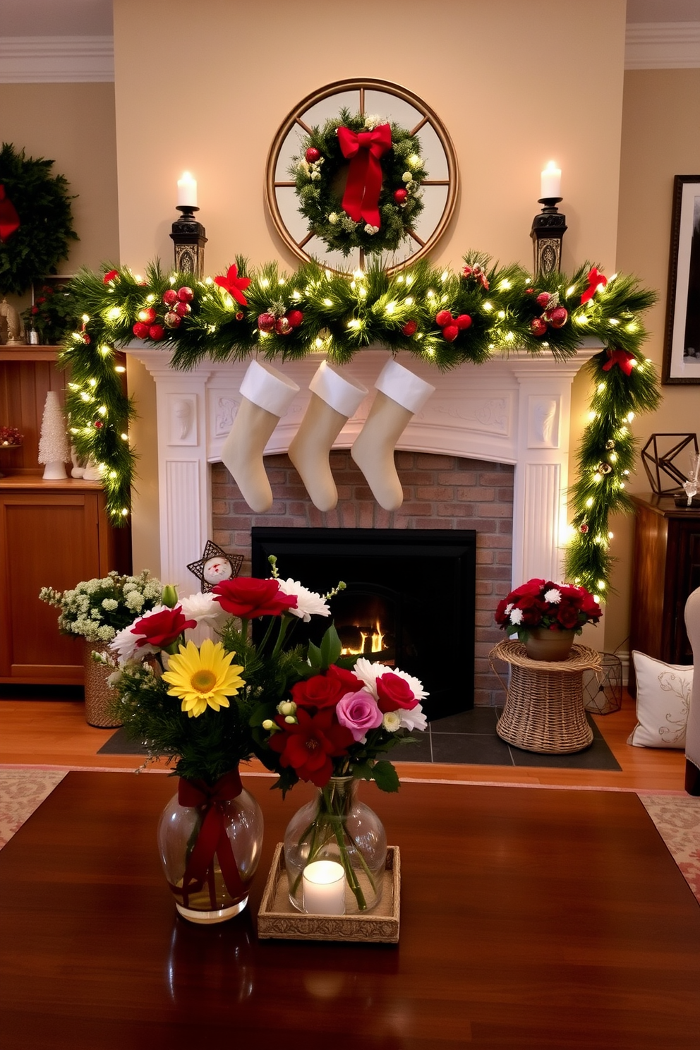 A cozy living room adorned for the holidays. Fresh flowers in festive vases are placed on the coffee table, adding a pop of color to the space. A beautifully decorated fireplace serves as the focal point of the room. Stockings hang from the mantel, and twinkling lights drape elegantly around the fireplace.