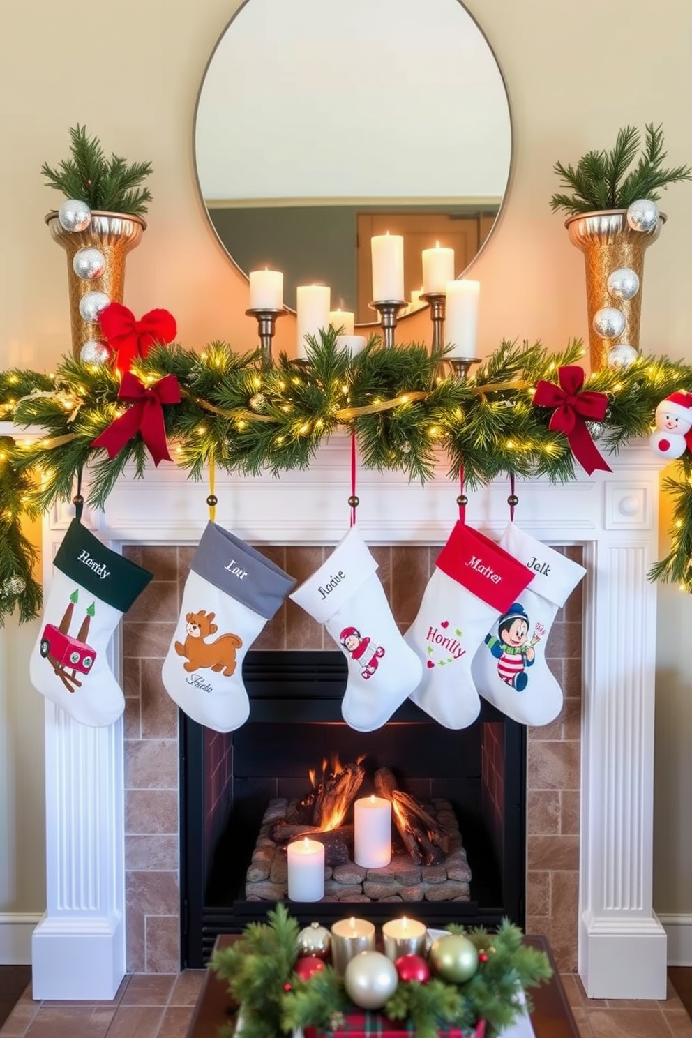 Create a cozy living room setting for Christmas. The fireplace is adorned with personalized stockings for each family member, showcasing unique designs and names. The mantel is decorated with evergreen garlands and twinkling lights. A festive arrangement of candles and ornaments adds warmth and charm to the atmosphere.