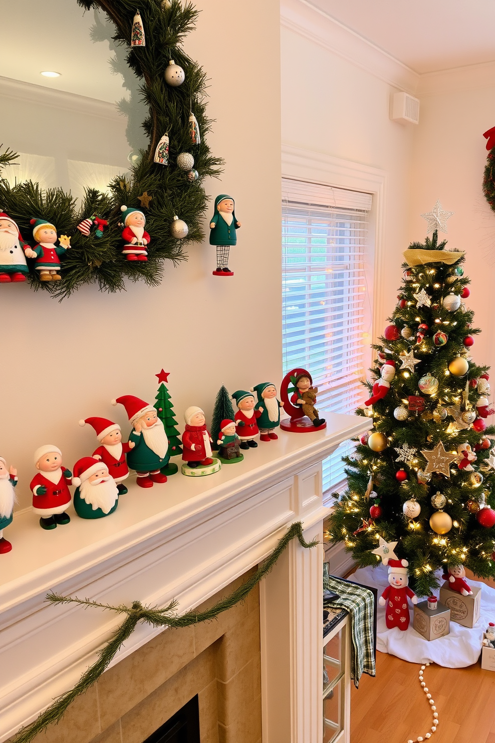 Charming holiday figurines are arranged on the mantelpiece, showcasing a variety of festive characters in vibrant colors. A beautifully decorated Christmas tree stands nearby, adorned with twinkling lights and ornaments that complement the cozy atmosphere.