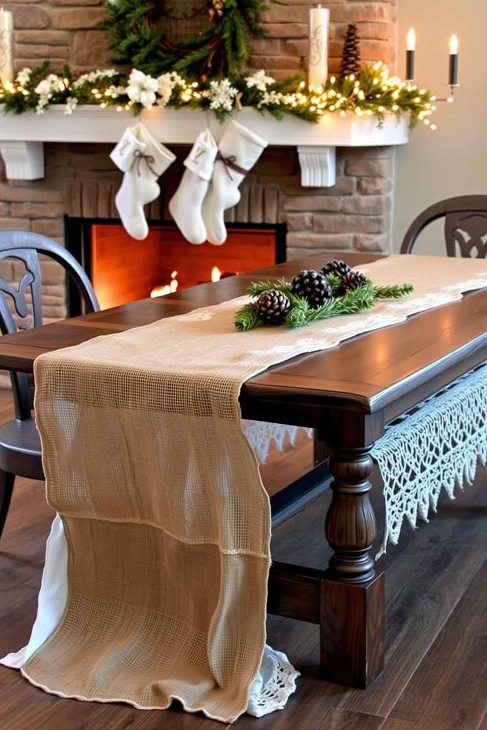 Layered textures create a warm and inviting atmosphere. A burlap table runner drapes elegantly over a rustic wooden table, complemented by delicate lace overlays for a touch of elegance. The fireplace is adorned with seasonal decorations that enhance the cozy feel. Stockings hang from the mantel, and a mix of pinecones and twinkling lights create a festive ambiance.