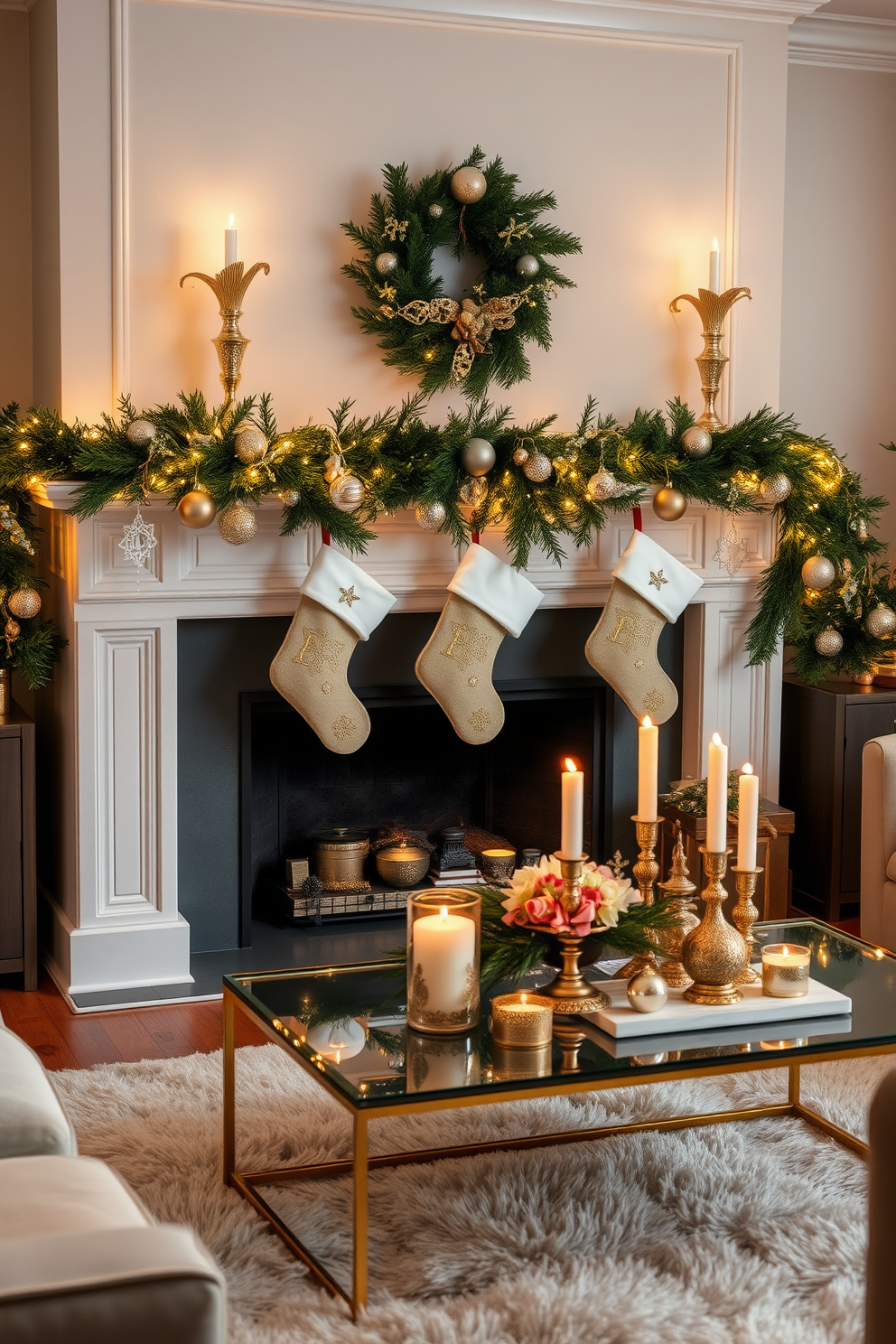 A cozy living room adorned with gold and silver accents to create an elegant atmosphere. The fireplace is beautifully decorated with garlands of evergreen, twinkling fairy lights, and delicate ornaments in gold and silver hues. Stockings hang gracefully from the mantel, each embellished with shimmering details. A plush area rug lies beneath a stylish coffee table, which is adorned with seasonal decor and candles in elegant holders.