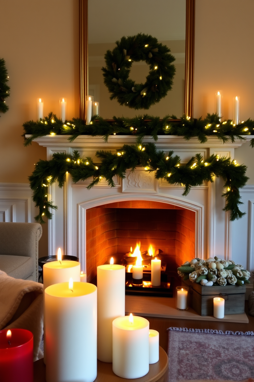 A cozy living room adorned with seasonal scented candles that emit a warm glow. The fireplace is elegantly decorated for Christmas, featuring garlands of pine and twinkling fairy lights.