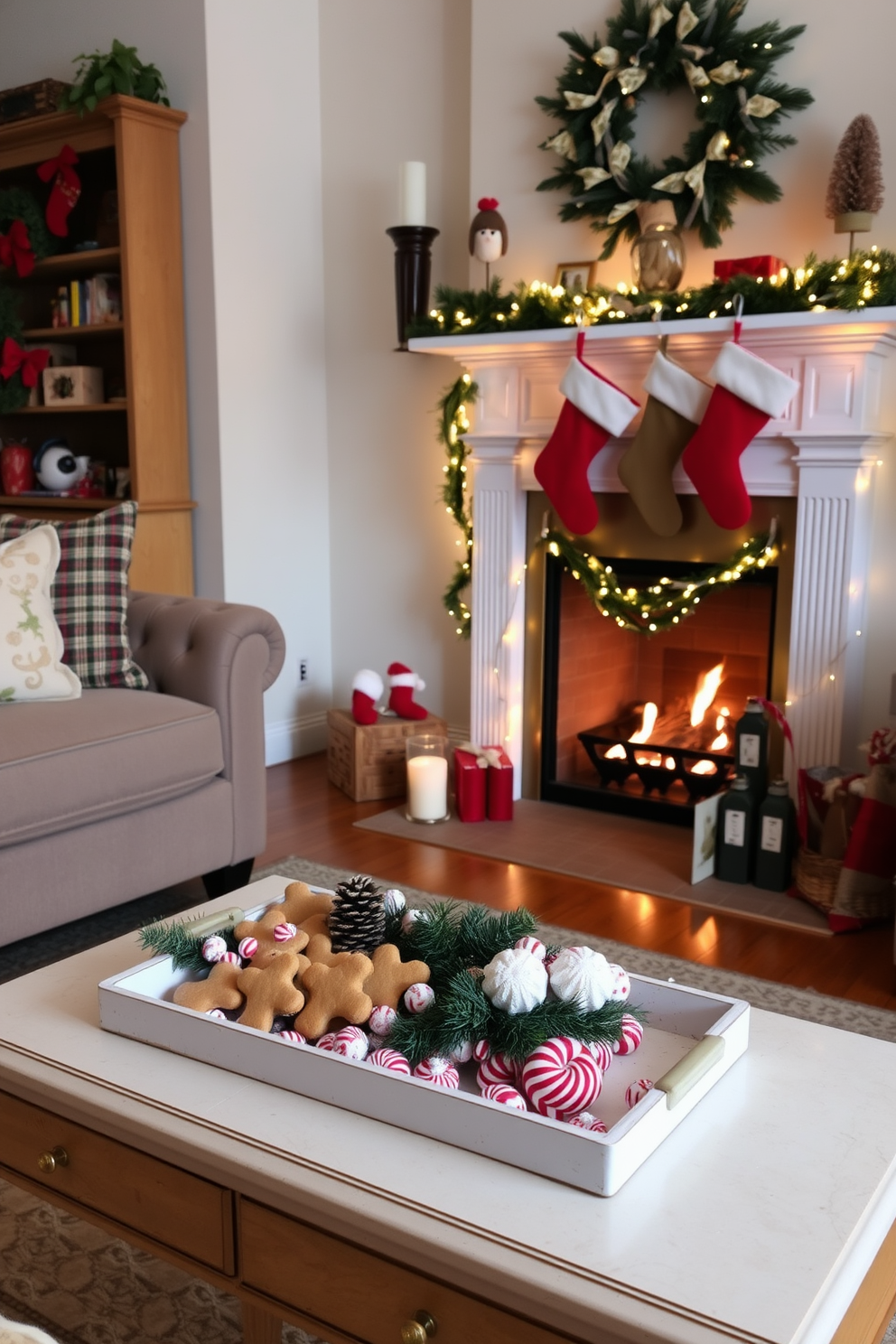 A cozy living room setting adorned with festive decorations. A decorative tray sits on the coffee table filled with an assortment of holiday treats such as gingerbread cookies and peppermint candies. To the side, a beautifully decorated fireplace is the centerpiece of the room. Stockings hang from the mantel, and twinkling lights frame the hearth, creating a warm and inviting atmosphere.