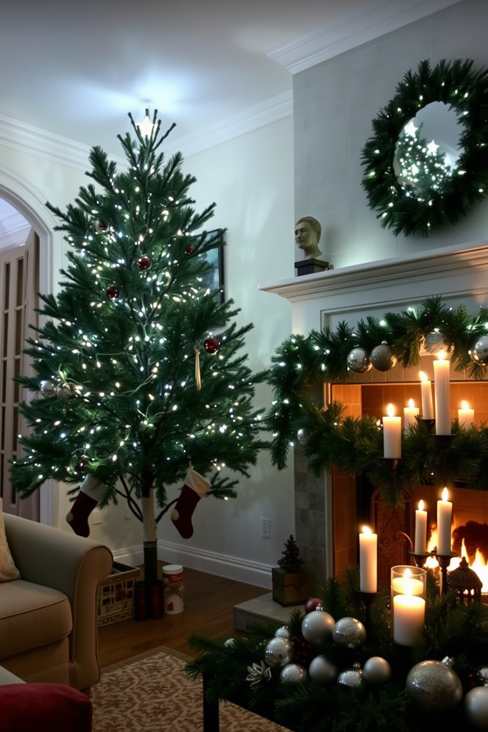 A cozy living room adorned with twinkling fairy lights wrapped around the branches of a large indoor tree. The soft glow of the lights complements the warm ambiance created by a crackling fireplace, enhancing the festive atmosphere. The fireplace is decorated with stockings and a garland made of evergreen branches. Nearby, a beautifully arranged display of Christmas ornaments and candles adds a touch of elegance to the seasonal decor.