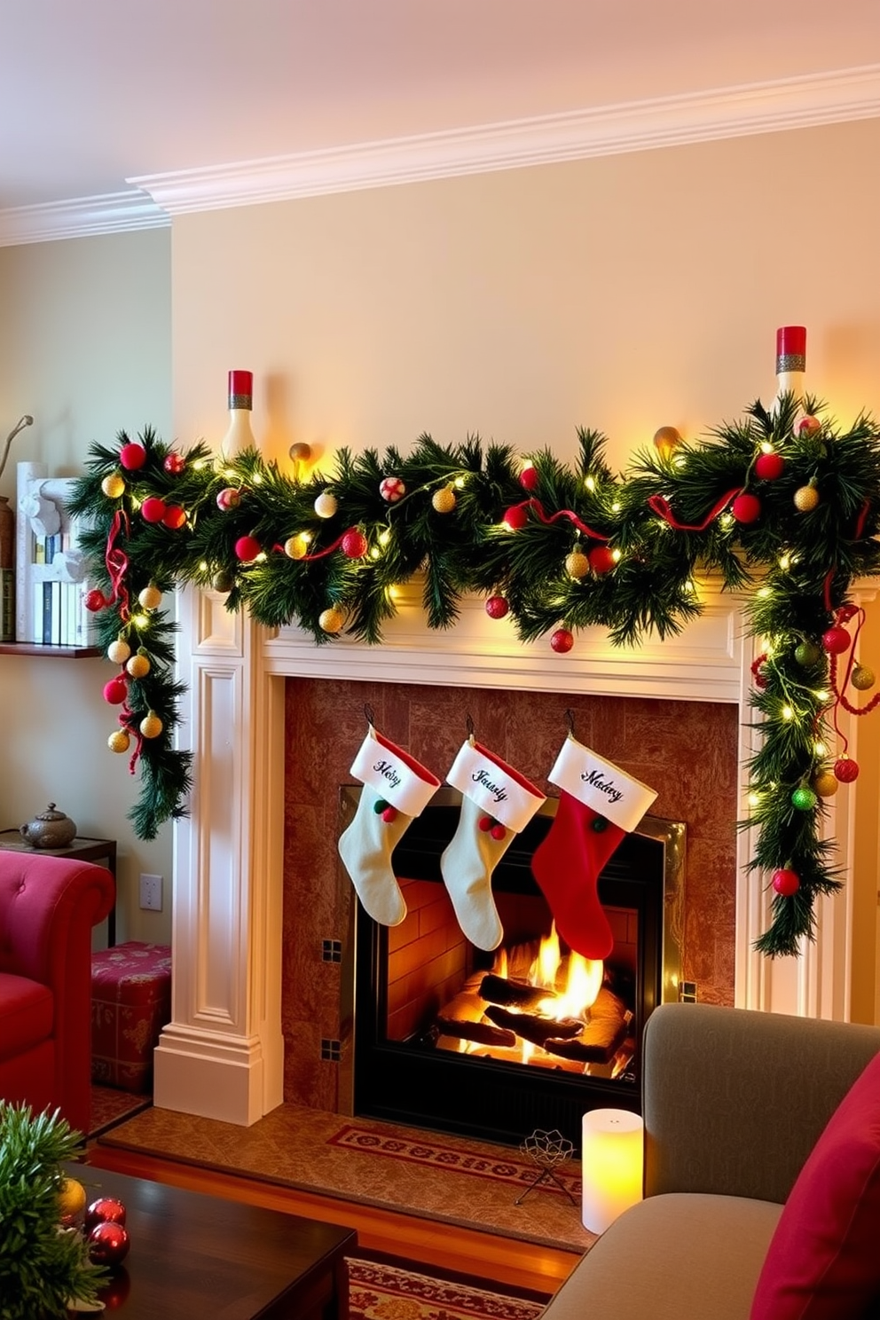 A cozy living room adorned with unique art pieces that reflect the holiday spirit. The fireplace is beautifully decorated with garlands and twinkling lights, creating a warm and inviting atmosphere.