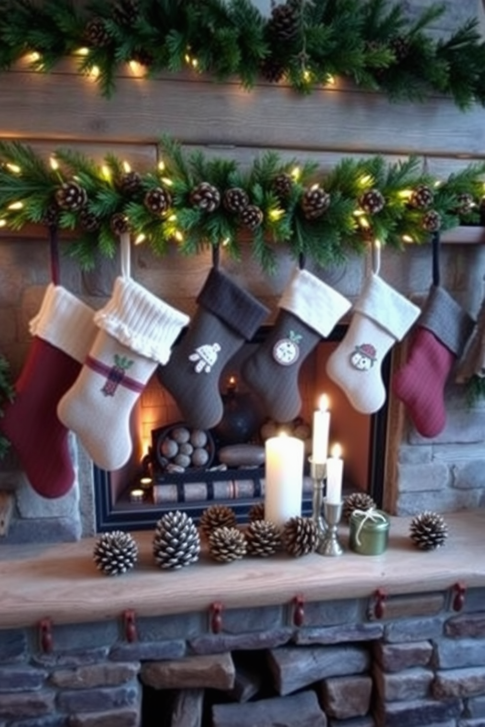 A cozy living room adorned for the holidays features a rustic fireplace framed with natural pinecones and evergreen accents. The mantel is decorated with twinkling fairy lights and a garland of fresh greenery, creating a warm and inviting atmosphere. Plush stockings hang from the fireplace, each one embellished with unique patterns and textures. A beautifully arranged display of pinecones in various sizes sits atop the hearth, complemented by a few candles in festive holders.