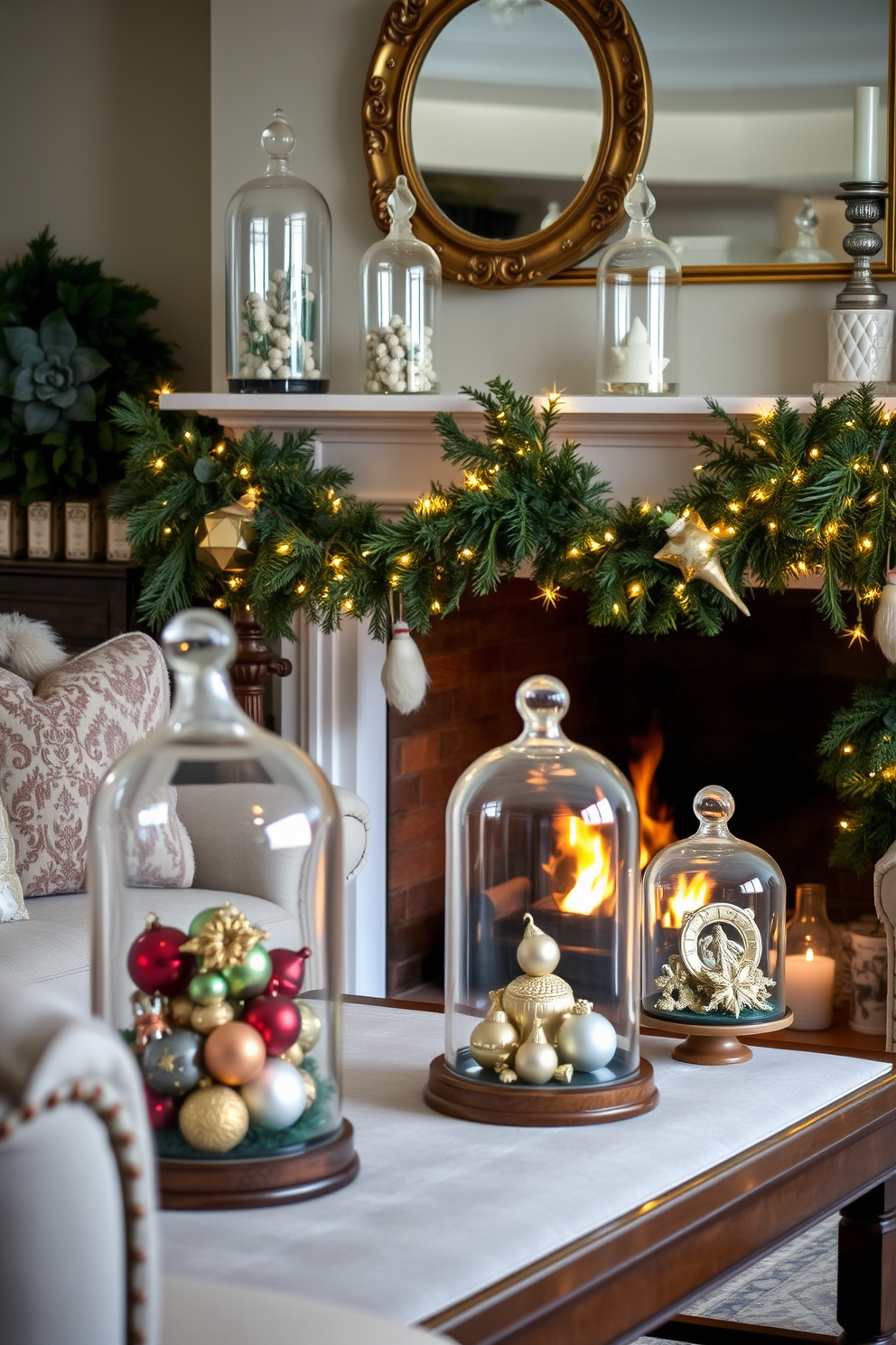 A cozy living room adorned with vintage ornaments displayed under elegant glass cloches. The fireplace is beautifully decorated for Christmas, featuring garlands of greenery and twinkling fairy lights.