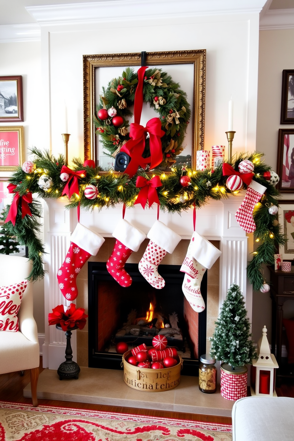 A cozy living room adorned with red and white themed decor elements. A beautifully decorated fireplace is the focal point, draped with garlands and twinkling lights. Stockings hang from the mantle, each one uniquely designed in festive patterns. The surrounding walls are adorned with red and white artwork, creating a warm and inviting atmosphere.