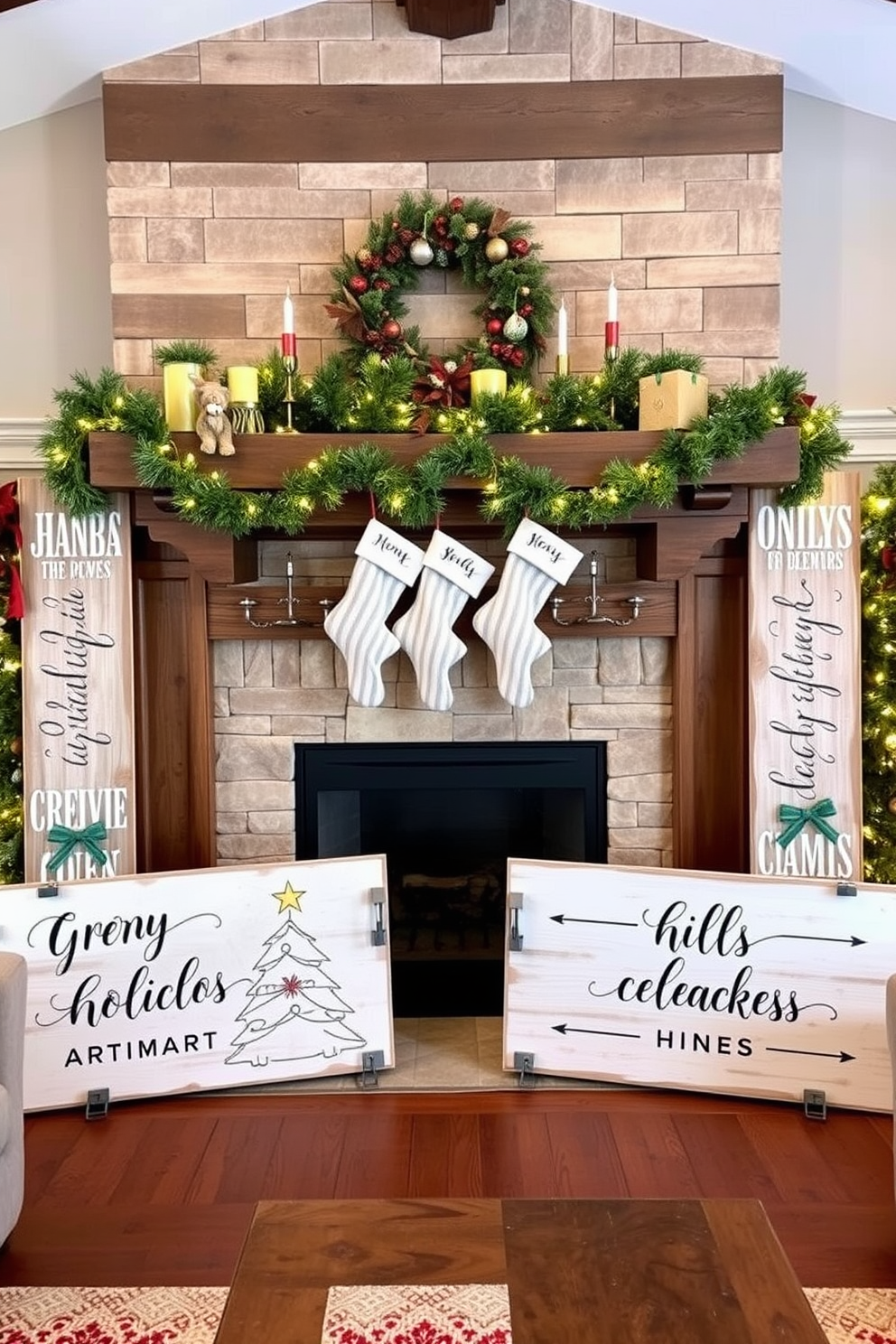 Rustic wooden signs with holiday messages are placed around a cozy living room. The signs feature warm, inviting phrases in elegant calligraphy, surrounded by festive decorations. A grand fireplace serves as the focal point of the room, adorned with garlands and twinkling lights. Stockings hang from the mantel, adding a touch of Christmas charm to the rustic setting.