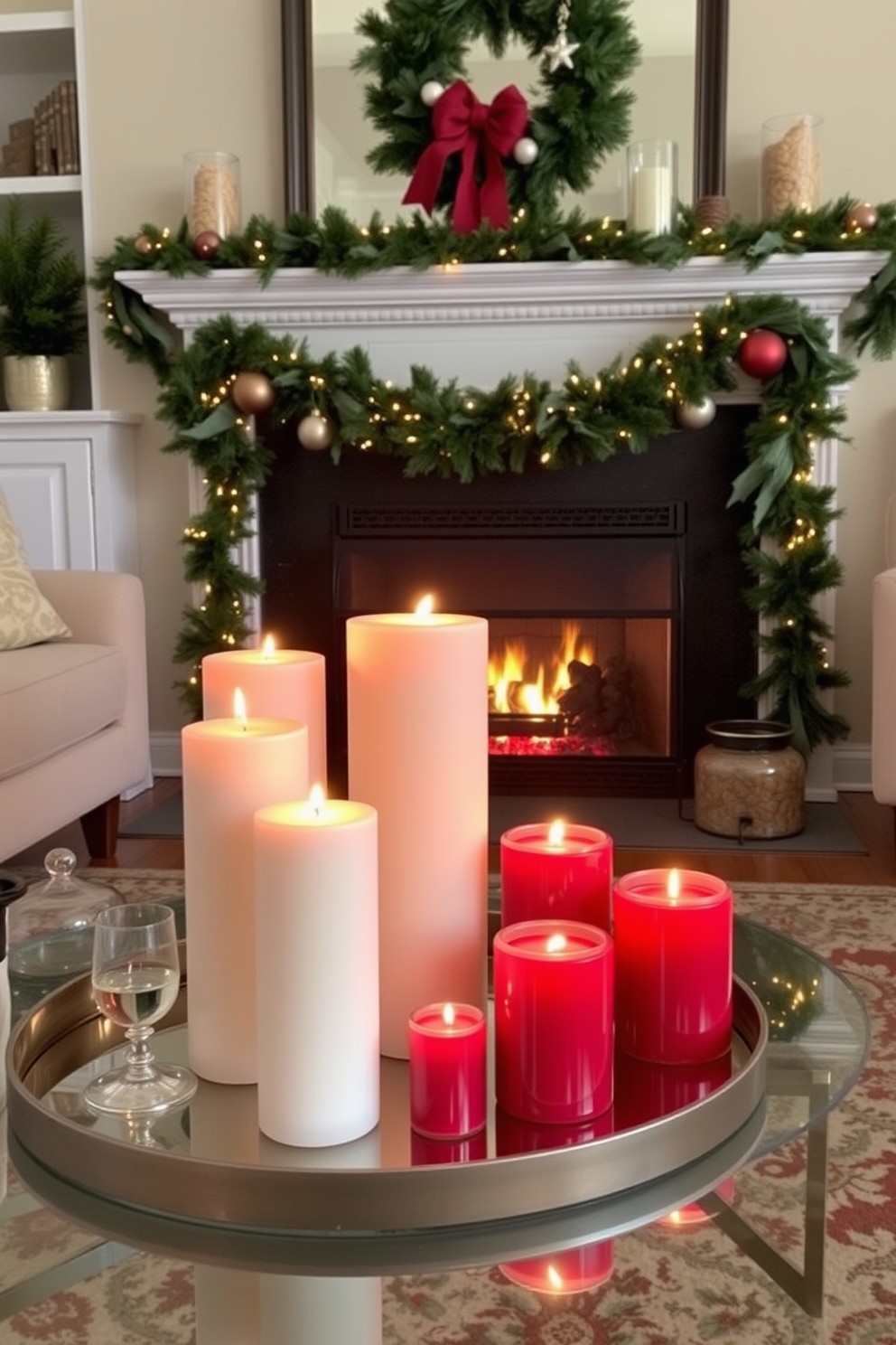 A cozy living room setting featuring candles of varying heights arranged on a stylish coffee table. The warm glow from the candles creates a welcoming ambiance, complemented by a beautifully decorated fireplace adorned with Christmas garlands and ornaments.