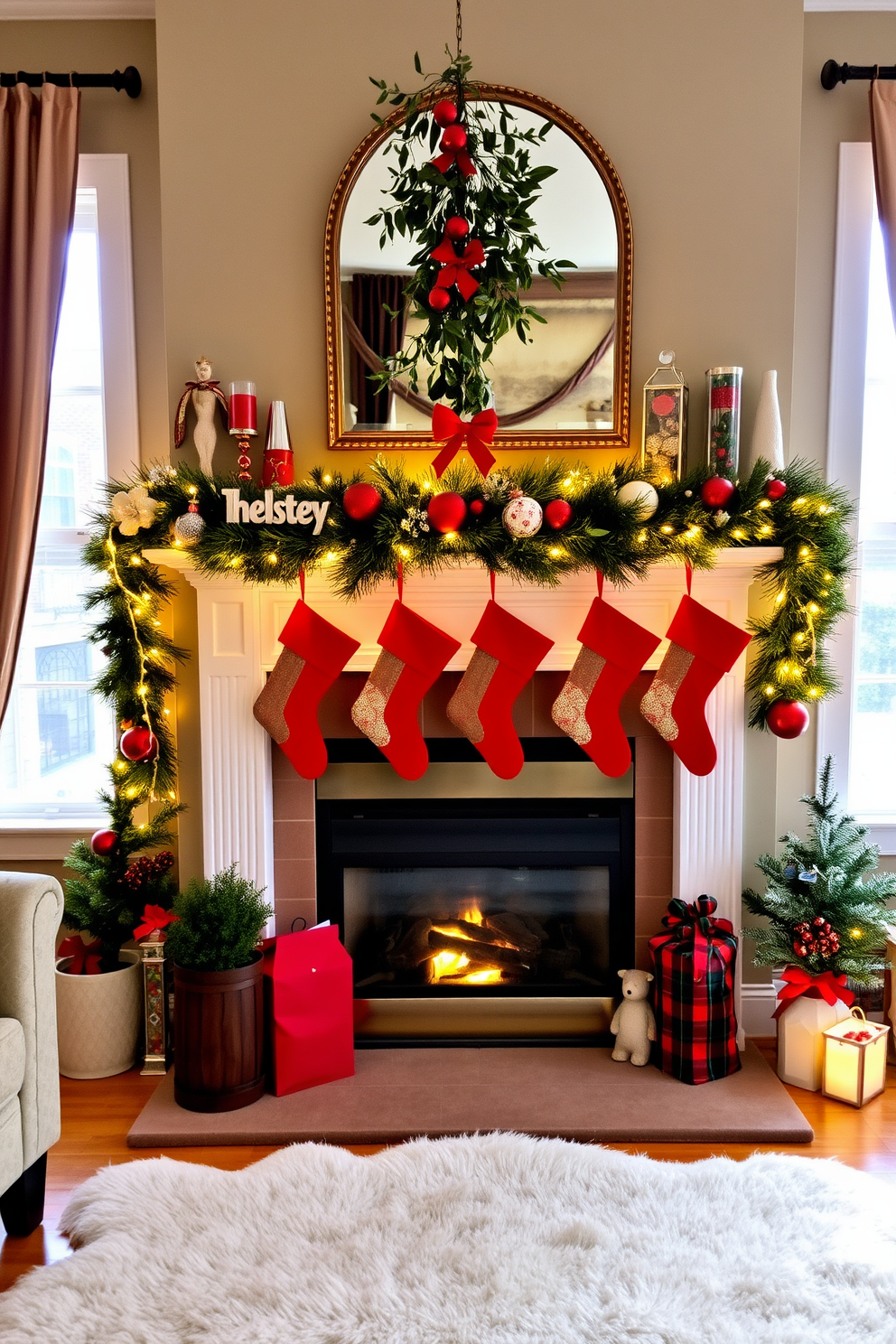 A cozy living room adorned for Christmas. The fireplace is beautifully decorated with personalized family stockings, each featuring a unique name, hanging in a row above the mantel. Around the fireplace, festive garlands and twinkling fairy lights create a warm ambiance. A plush rug lies in front of the fire, complemented by comfortable seating that invites family gatherings.