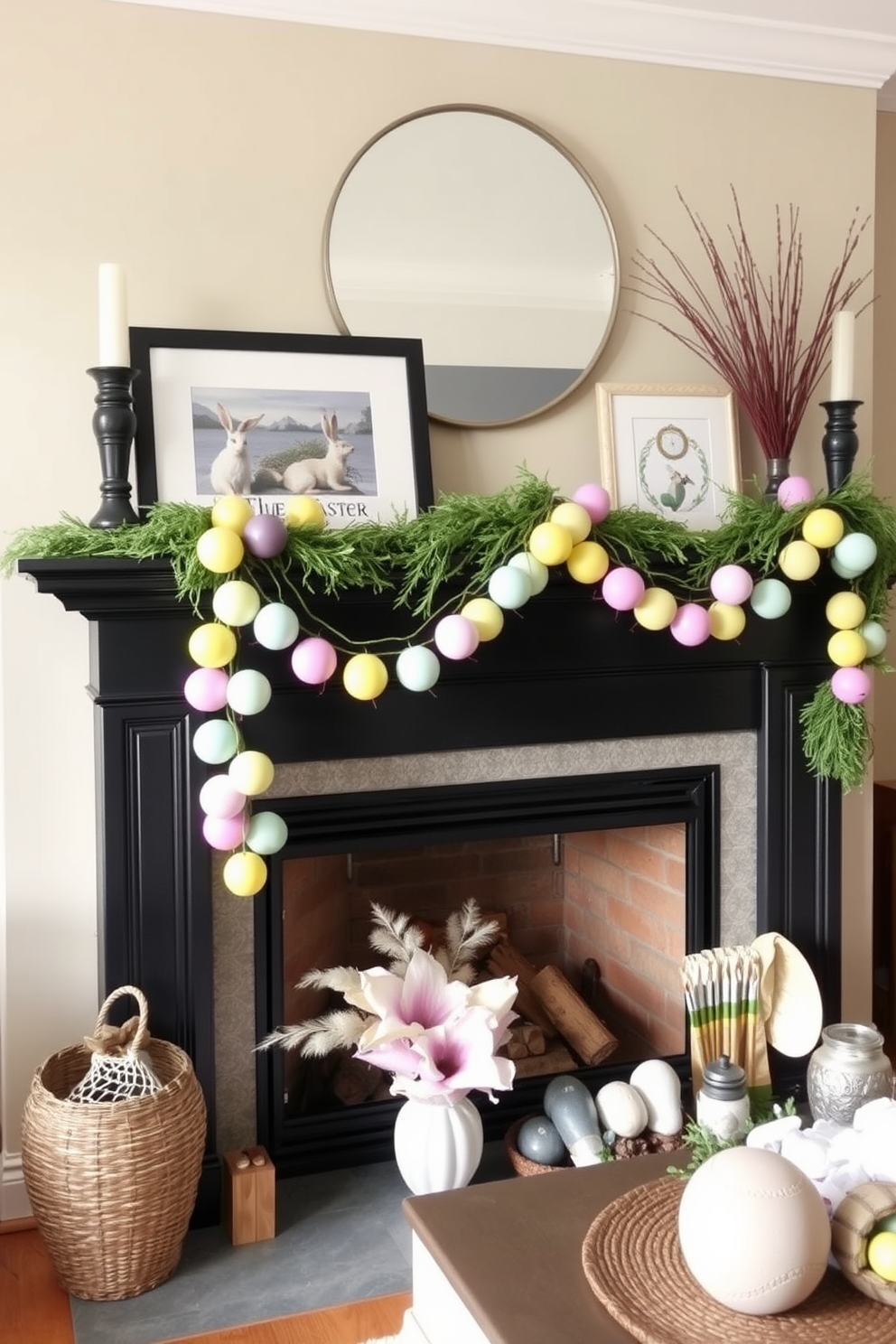 A vibrant egg garland in pastel colors is elegantly draped across the mantel, adding a festive touch to the living room. The fireplace beneath is adorned with decorative elements that celebrate the Easter season, creating a warm and inviting atmosphere.