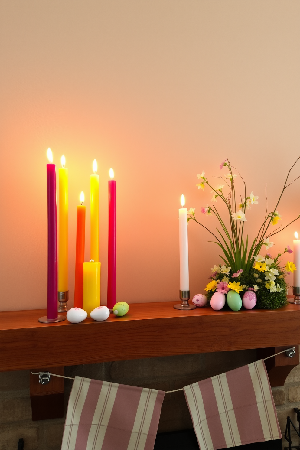 Brightly colored candles in various heights create a vibrant focal point on a rustic wooden mantel. The flickering flames cast a warm glow, enhancing the cozy atmosphere of the room. A beautifully arranged fireplace is adorned with festive Easter decorations, including pastel-colored eggs and spring flowers. The combination of the candles and seasonal decor brings a cheerful and inviting ambiance to the space.