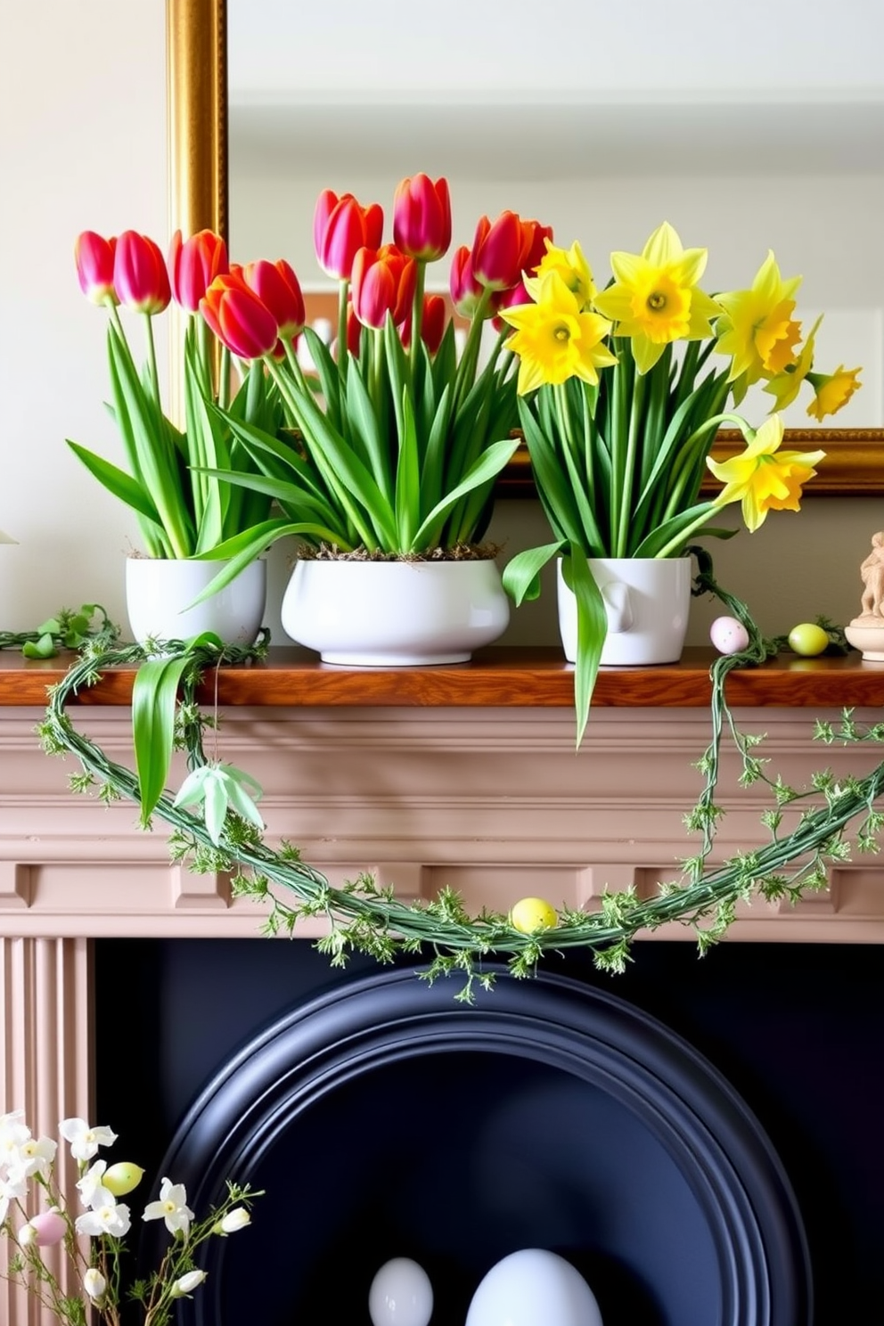 A beautifully decorated mantel features vibrant potted tulips and cheerful daffodils in elegant ceramic pots. The fireplace below is adorned with subtle Easter decorations, including pastel-colored eggs and delicate spring-themed accents.