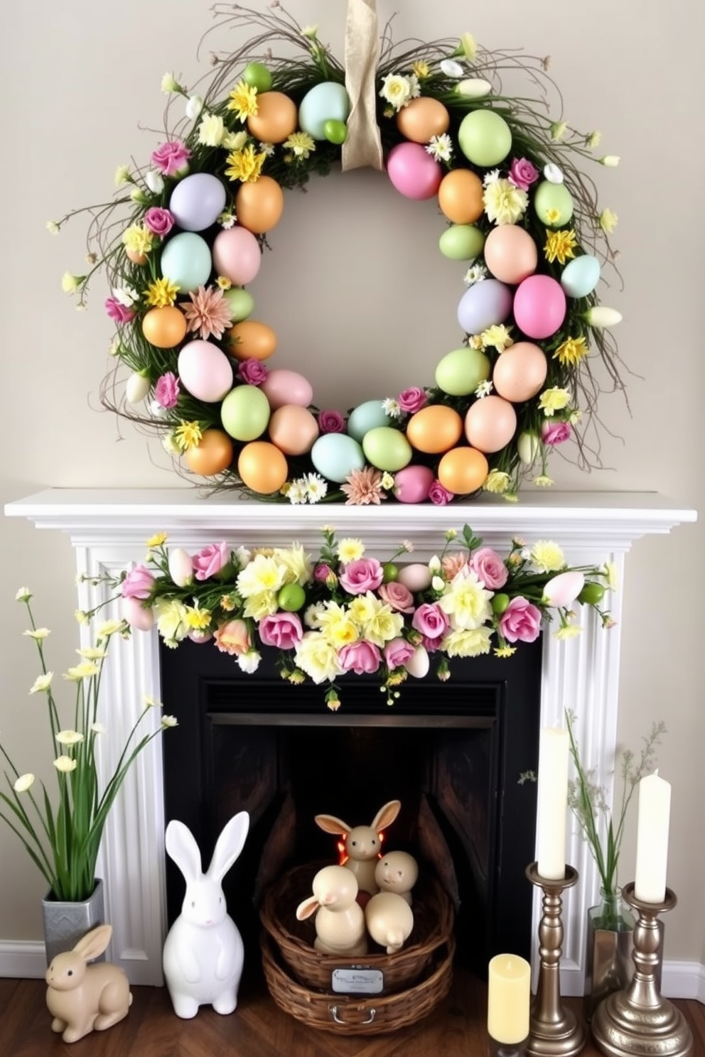 A vibrant Easter wreath adorned with an array of colorful eggs in various pastel shades. The wreath is beautifully arranged with spring flowers and greenery, creating a festive focal point for your front door. A cozy fireplace decorated for Easter, featuring a garland of flowers and eggs draped across the mantel. Flanking the fireplace are decorative bunnies and candles, adding warmth and charm to the festive atmosphere.