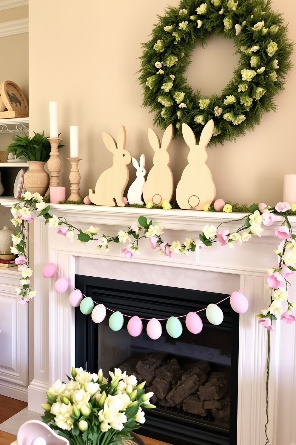 Create a whimsical Easter-themed living room setting featuring wooden bunny silhouettes displayed on the mantelpiece. The fireplace is adorned with pastel-colored decorations, including garlands of flowers and eggs, creating a cheerful and festive atmosphere.