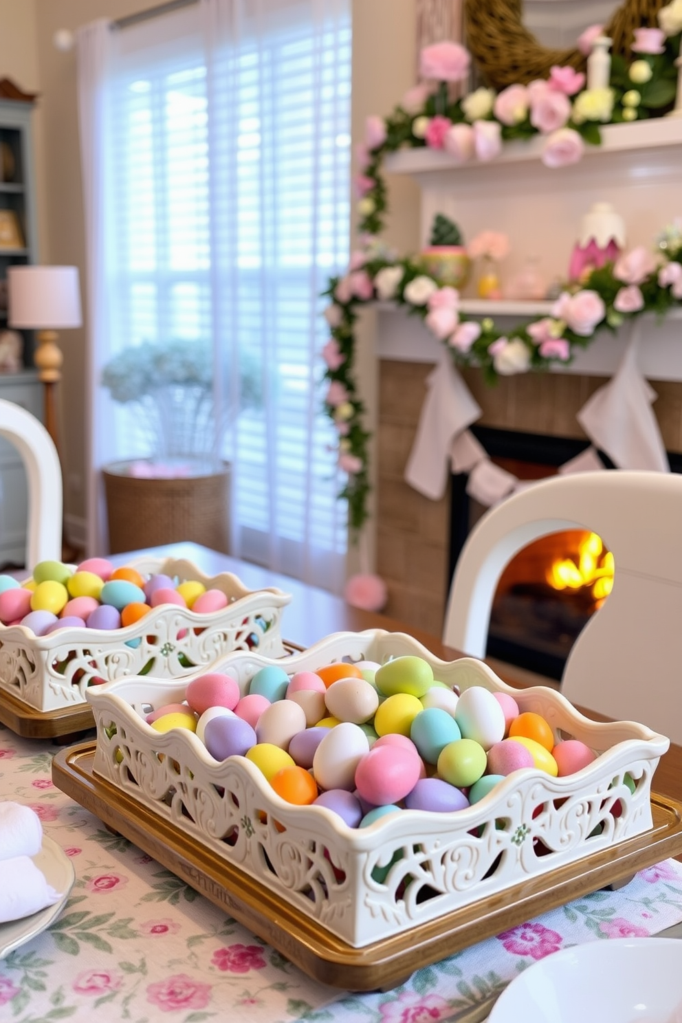 A beautifully set dining table features a linen table runner adorned with delicate Easter motifs in pastel colors. Surrounding the table are elegant ceramic plates and vibrant floral arrangements, creating a festive yet sophisticated atmosphere. Next to the table, a cozy fireplace is decorated with seasonal accents such as colorful eggs and spring flowers. The mantel is adorned with charming Easter-themed decor, enhancing the warmth and inviting ambiance of the room.