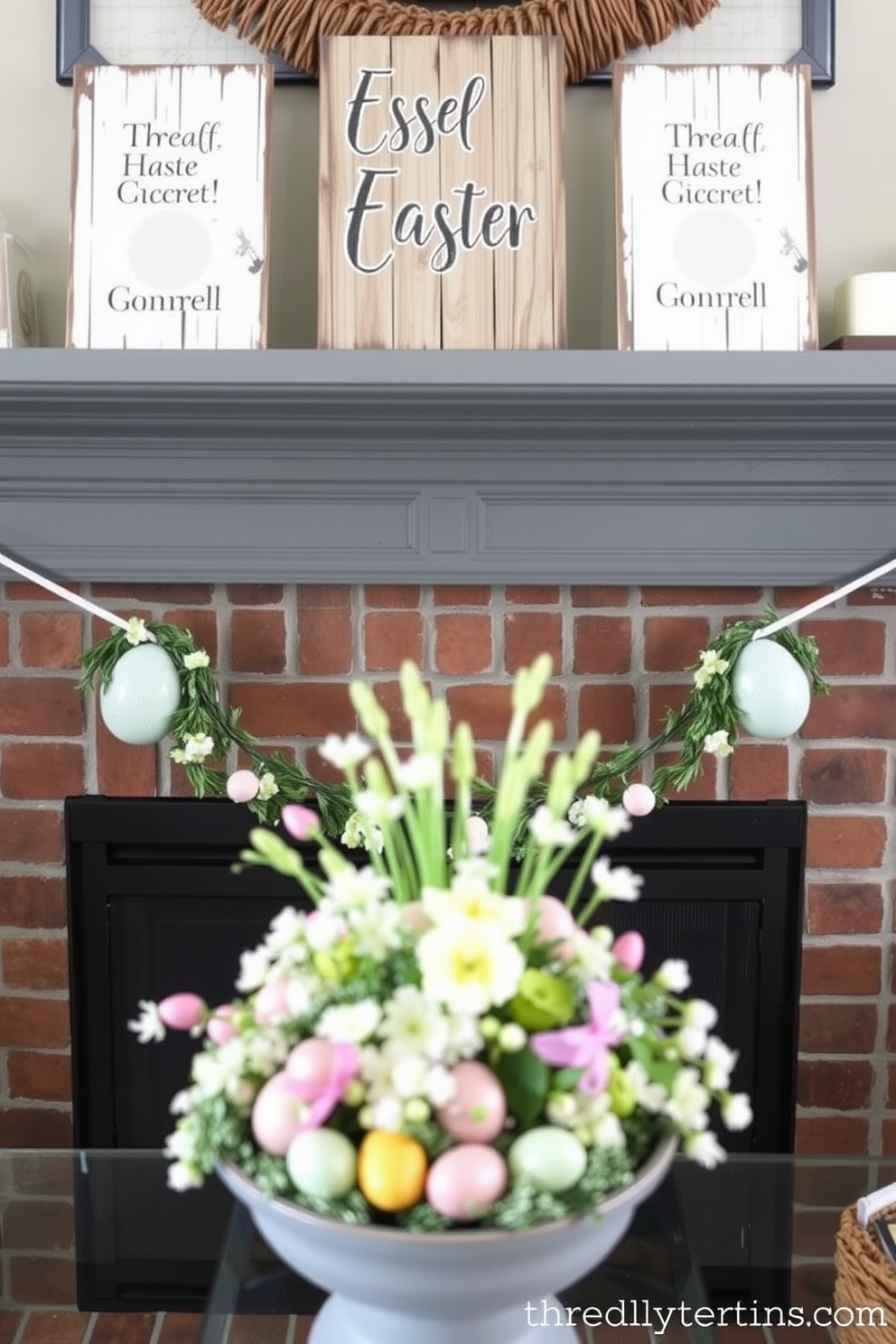 Create a cozy living room setting featuring rustic wooden signs with cheerful Easter messages displayed on the mantelpiece. The fireplace is adorned with seasonal decorations, including pastel-colored eggs and fresh flowers, creating a warm and inviting atmosphere.