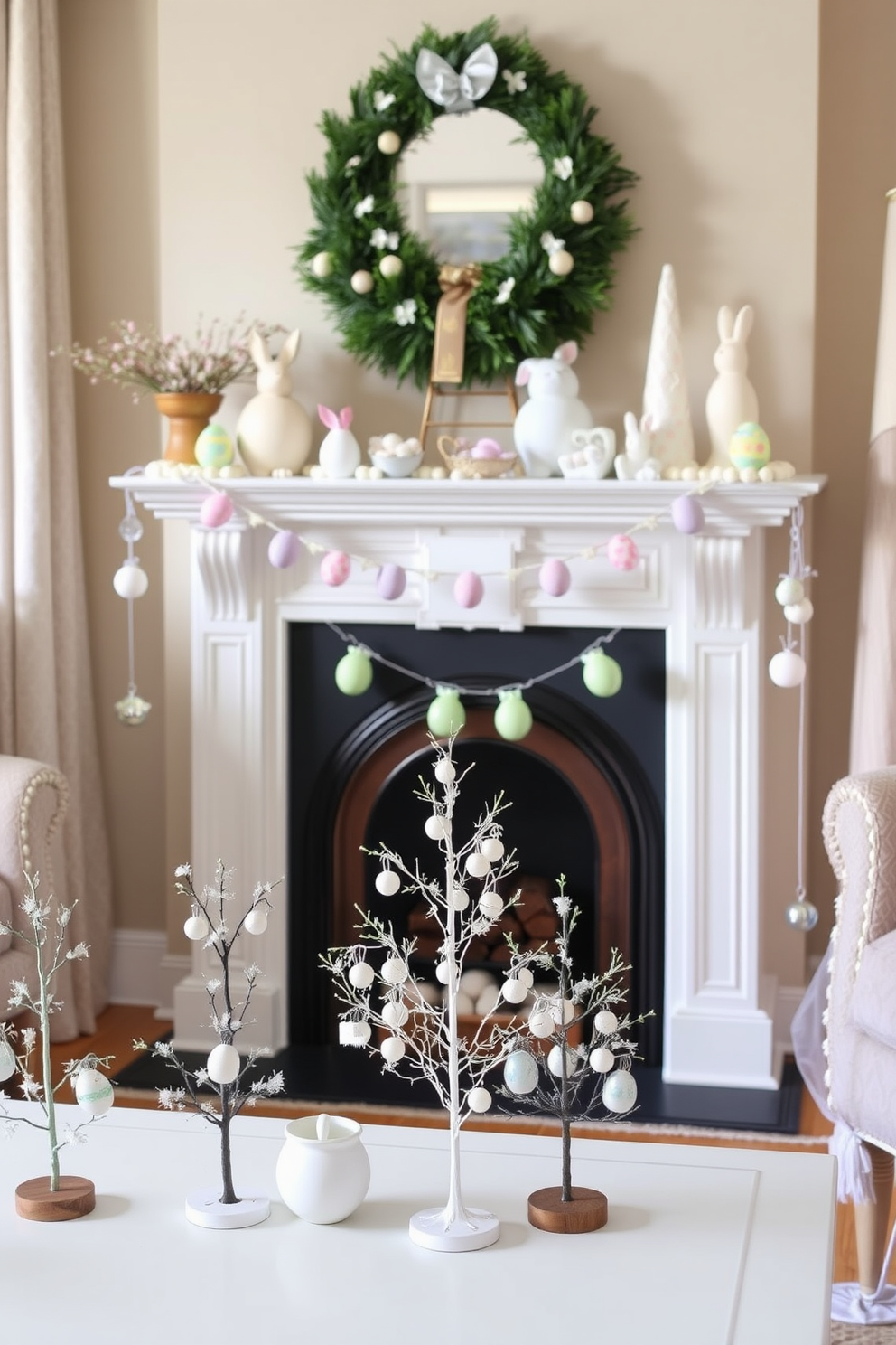 A cozy living room featuring a charming fireplace adorned with pastel-colored Easter decorations. Miniature Easter trees with delicate ornaments are strategically placed around the room, creating a festive atmosphere.