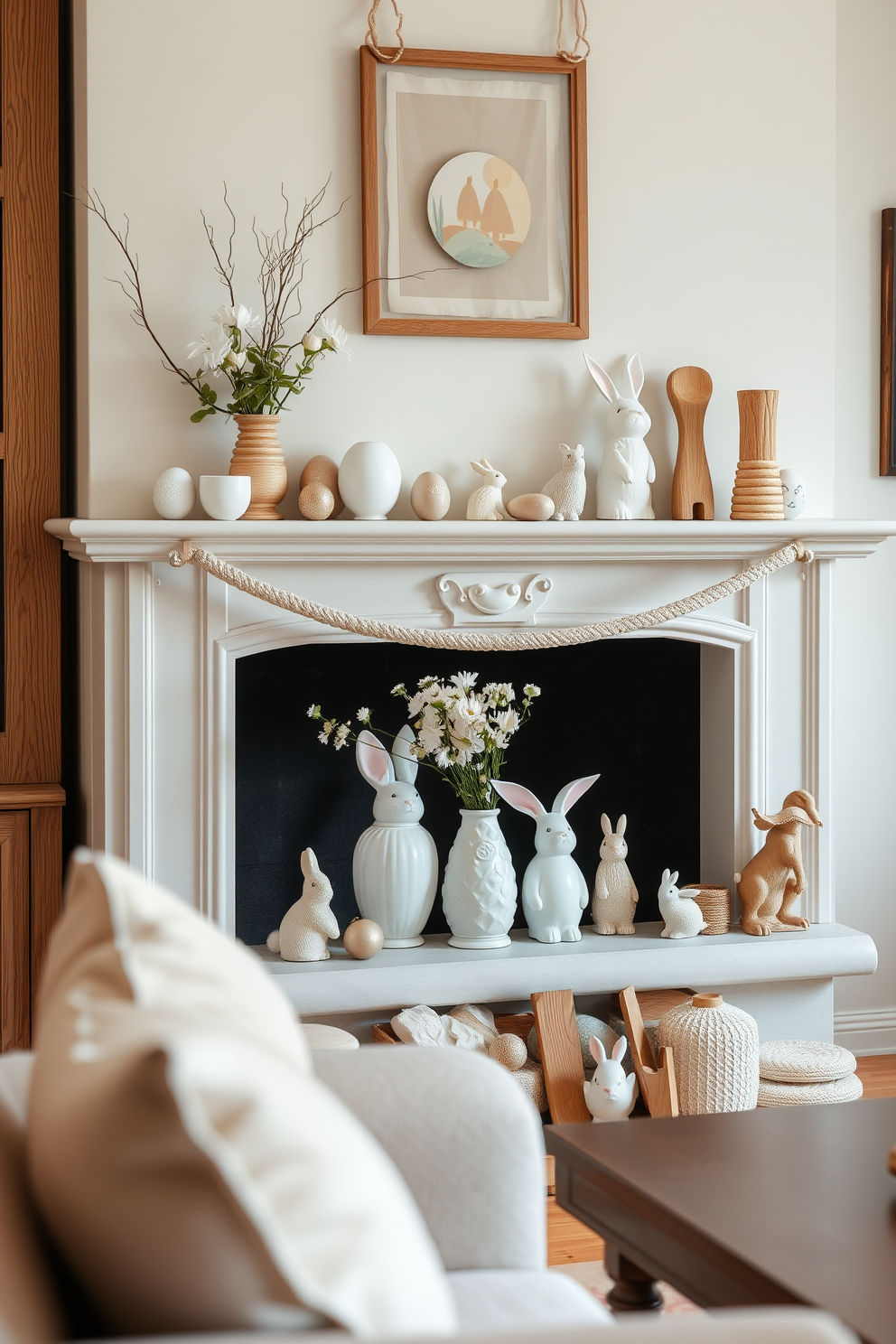 A cozy living room adorned with a mix of ceramic and wooden decor. The fireplace is elegantly decorated with pastel-colored ceramic eggs and delicate wooden bunnies, creating a warm and inviting atmosphere. On the mantel, there are charming ceramic vases filled with fresh spring flowers alongside handcrafted wooden accents. The overall color palette features soft pastels and natural wood tones, enhancing the festive Easter spirit.