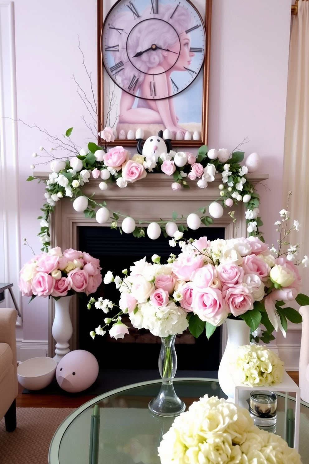 A spring floral arrangement featuring soft pastel hues is beautifully displayed in an elegant ceramic vase. The arrangement includes peonies, tulips, and daisies, creating a fresh and inviting atmosphere. A cozy fireplace is adorned with Easter decorations, including pastel-colored eggs and delicate bunny figurines. Fresh greenery and spring flowers are arranged on the mantel, enhancing the seasonal charm of the space.