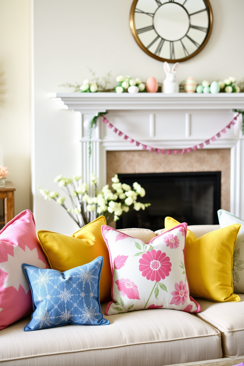 A bright and inviting living room filled with various potted plants in stylish ceramic pots. The greenery adds a fresh and vibrant touch to the space, complementing the neutral color palette of the furniture. A cozy fireplace with a rustic wooden mantel serves as the focal point of the room. It is adorned with seasonal Easter decorations, including pastel-colored eggs and charming bunny figurines.