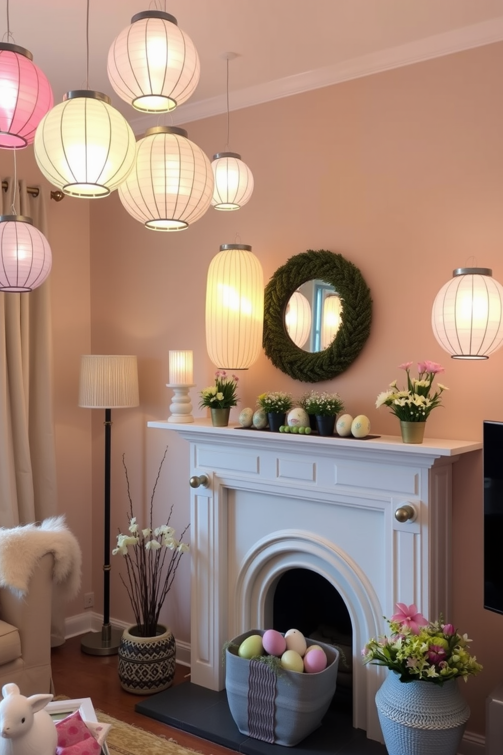 A cozy living room adorned with hanging pastel paper lanterns that cast a soft glow. The warm ambiance is complemented by a charming fireplace decorated for Easter, featuring colorful eggs and spring flowers.