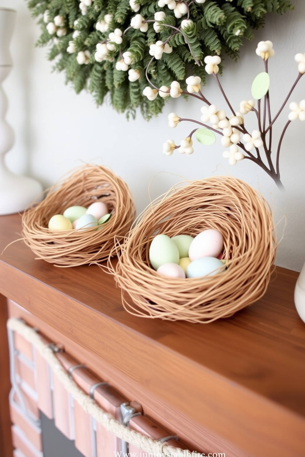 Charming bird nests filled with faux eggs are elegantly arranged on a rustic wooden mantel. The fireplace is adorned with soft pastel decorations, creating a warm and inviting atmosphere for Easter celebrations.