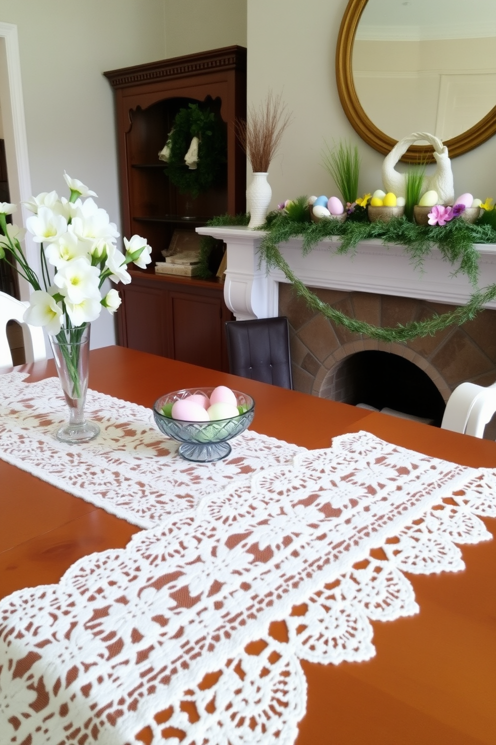 A lace table runner drapes elegantly across a polished wooden dining table, adding a delicate touch to the springtime setting. Soft pastel flowers in a crystal vase complement the intricate lace, creating a serene and inviting atmosphere. A beautifully styled fireplace is adorned with Easter decorations, featuring colorful eggs nestled in a decorative bowl. Fresh greenery and seasonal flowers are arranged on the mantel, enhancing the warmth and charm of the space.