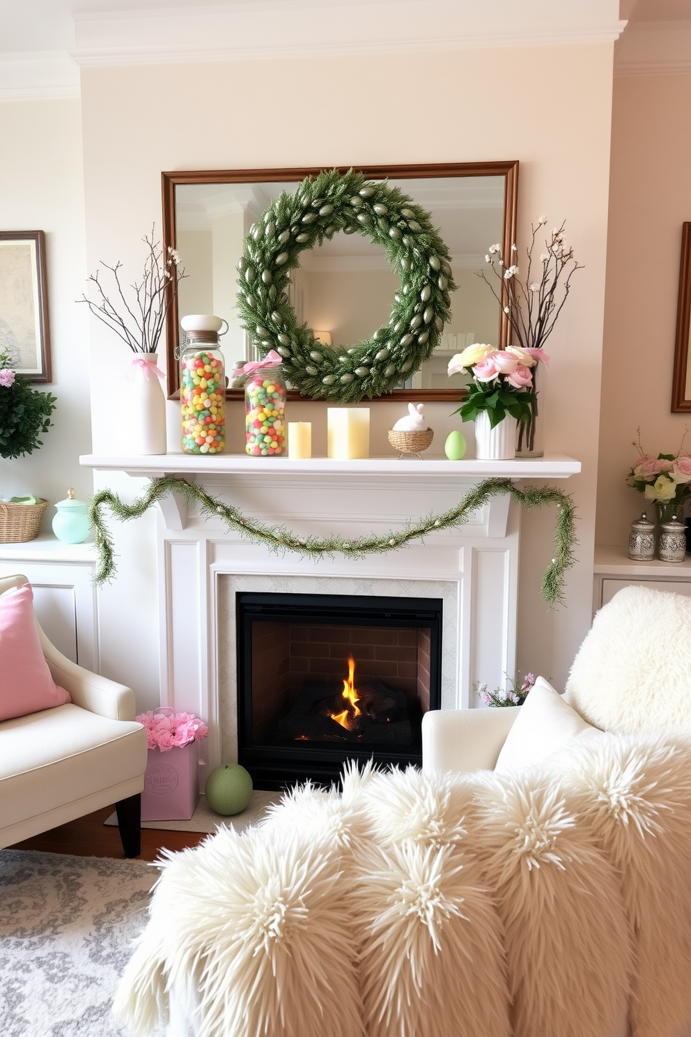 A cozy living room adorned with a beautifully designed fireplace as the focal point. On the mantel, glass jars filled with colorful jelly beans add a playful touch to the Easter decor. Surrounding the fireplace, pastel-colored decorations and floral arrangements create a festive atmosphere. Soft cushions and a plush throw blanket invite guests to relax and enjoy the cheerful ambiance.