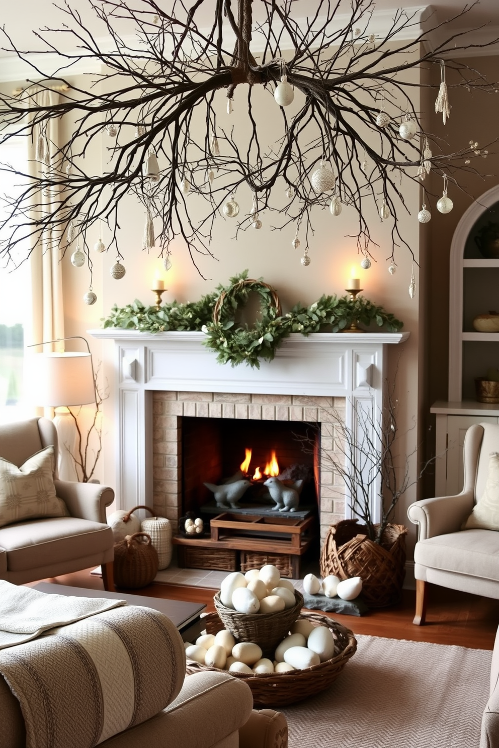 A cozy living room featuring a rustic fireplace made of reclaimed stone. Twigs and moss are artfully arranged on the mantel, complemented by soft pastel decorations for an inviting Easter theme. The warm glow of the fire creates a welcoming atmosphere. Decorative eggs and spring flowers are scattered around the room, enhancing the natural elements and festive spirit.