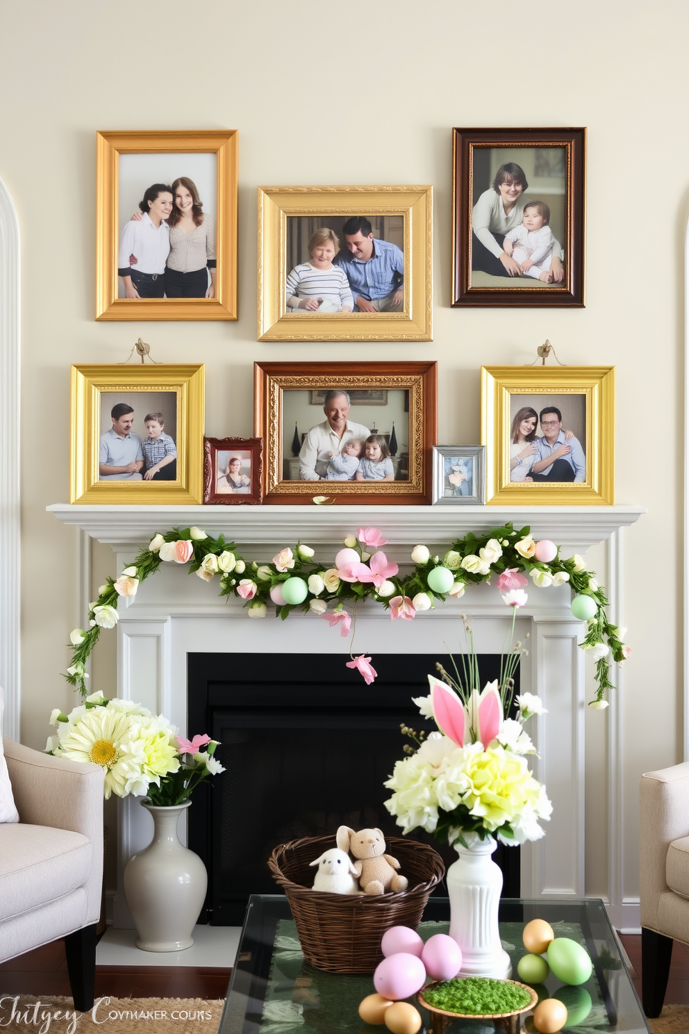 A cozy living room setting adorned with framed family photos in vibrant spring-themed frames. The fireplace is elegantly decorated with pastel-colored Easter decorations, including floral arrangements and festive ornaments.