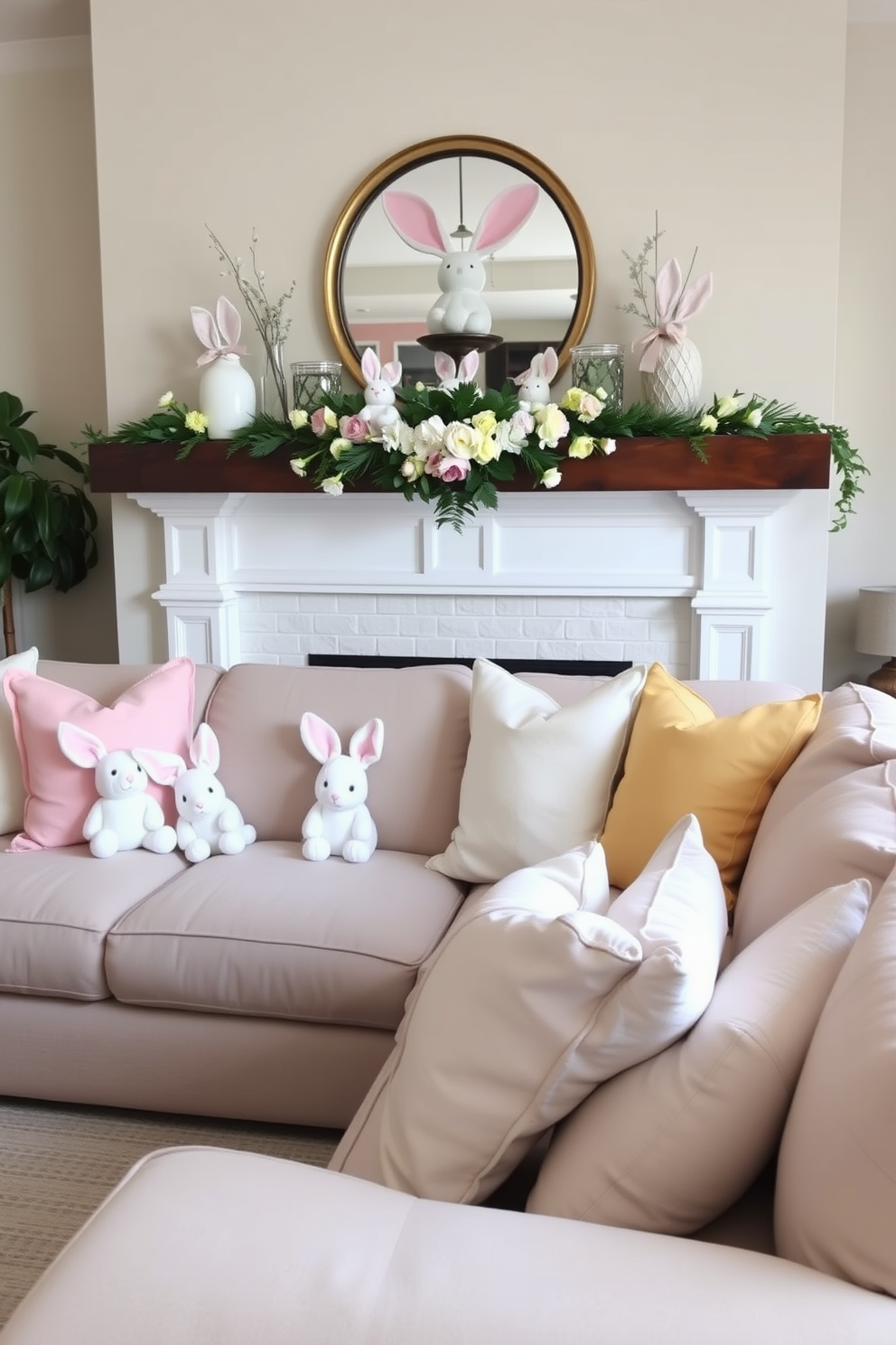 A cozy living room setting featuring soft plush bunnies nestled among pastel-colored pillows on a large sectional sofa. A beautifully decorated fireplace serves as the focal point, adorned with Easter-themed decor and a garland of spring flowers.