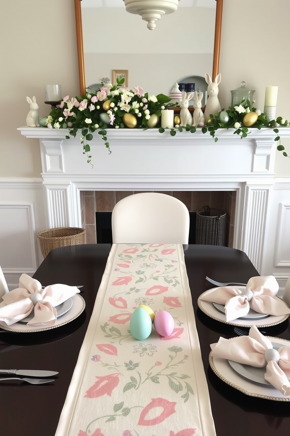 A beautifully set dining table adorned with a pastel-colored Easter themed table runner that features intricate floral patterns. Surrounding the table are elegant linen napkins in soft hues, perfectly folded and placed beside each plate. A cozy fireplace decorated for Easter, featuring a garland of spring flowers and colorful eggs draped along the mantel. On the hearth, a collection of decorative bunnies and candles create a warm and inviting atmosphere.