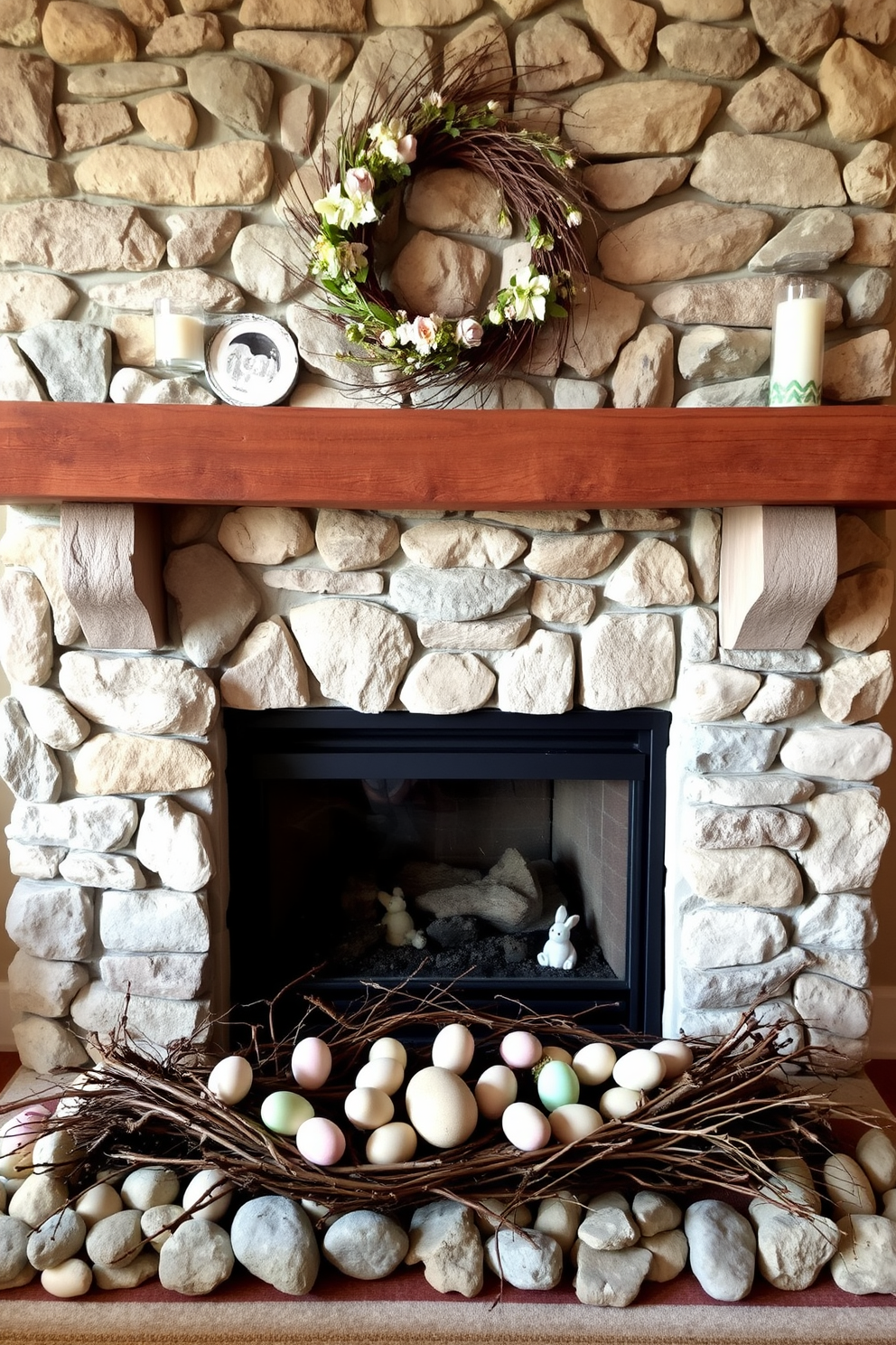 A cozy living room featuring a fireplace made of natural stone with a rustic wooden mantel. Surrounding the fireplace are carefully arranged twigs and smooth stones, creating a warm and inviting atmosphere. Easter decorations adorn the space, with pastel-colored eggs nestled among the natural elements. A wreath made of twigs and adorned with seasonal flowers hangs above the mantel, adding a festive touch.