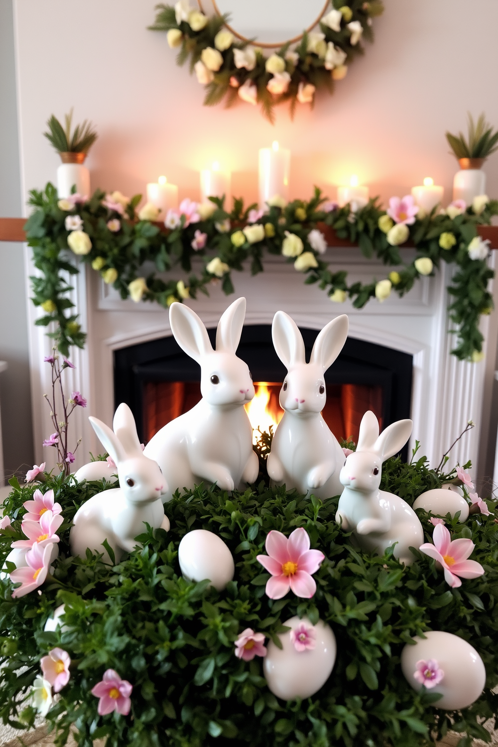 A cozy living room adorned with Easter decorations. Bunny figurines are nestled among lush greenery on a wooden shelf, creating a whimsical touch. A charming fireplace is decorated with pastel-colored garlands and seasonal ornaments. Soft, fluffy throws and pillows in spring hues invite warmth and comfort to the space.