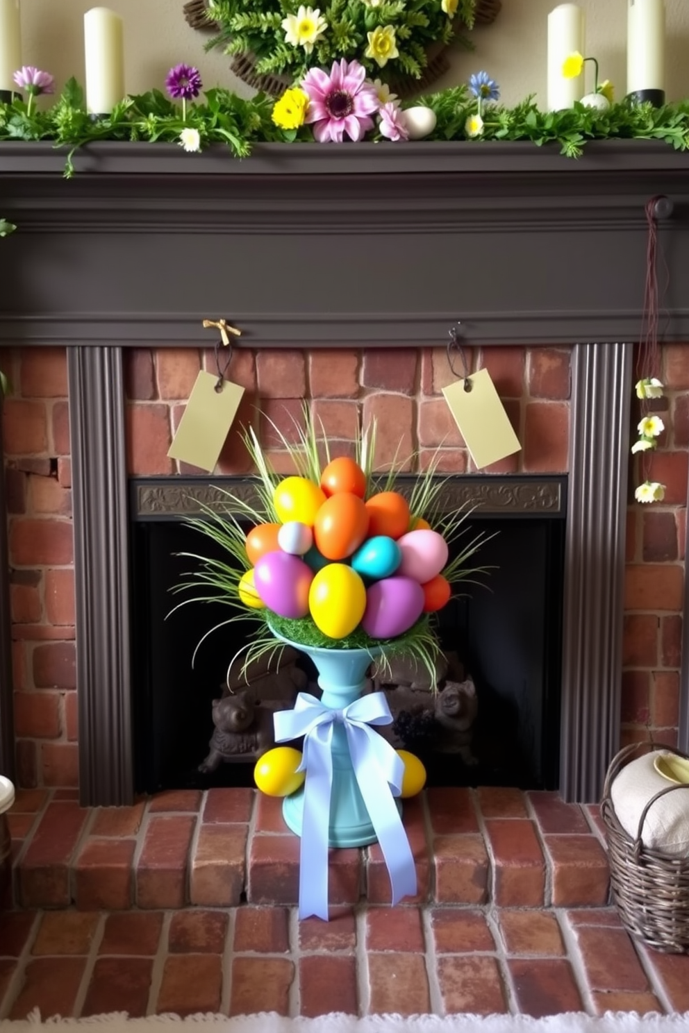 A creative egg display is arranged in various glass jars of different sizes, showcasing a vibrant assortment of pastel-colored eggs. The jars are placed on a rustic wooden table, surrounded by fresh spring flowers and decorative greenery. A cozy fireplace serves as the backdrop for the Easter decorating ideas, adorned with garlands of colorful eggs and delicate ribbons. Soft, flickering candlelight enhances the warm atmosphere, inviting guests to gather around and enjoy the festive ambiance.