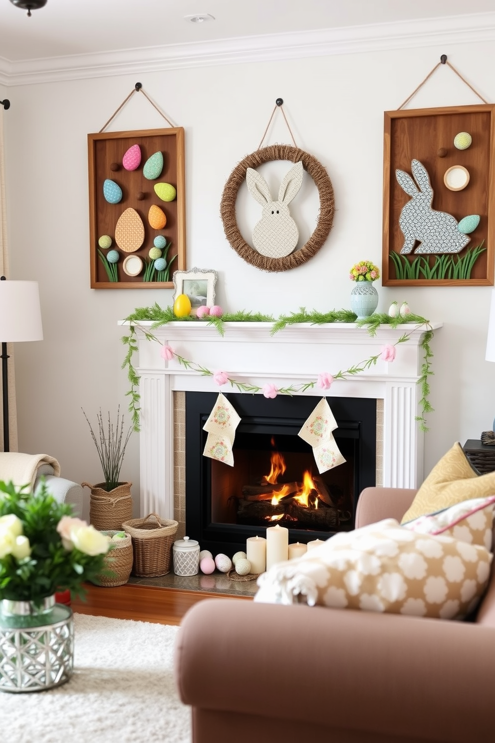 Create a cozy living room setting featuring a fireplace adorned with Easter-themed decorations. Colorful hanging wall art pieces depicting Easter eggs and bunnies are displayed prominently on the walls, adding a festive touch to the warm ambiance.