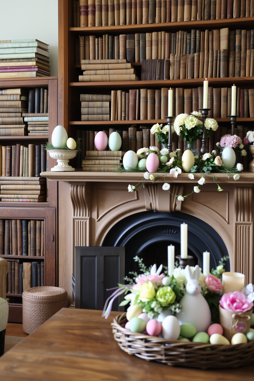 A cozy living room setting featuring a vintage wooden bookshelf filled with stacked antique books. On the shelf, decorative eggs in various pastel colors are artfully arranged alongside a small potted plant. In front of the bookshelf, a classic fireplace is adorned with spring-themed decorations. The mantel is decorated with fresh flowers, candles, and Easter-themed ornaments, creating a warm and inviting atmosphere.