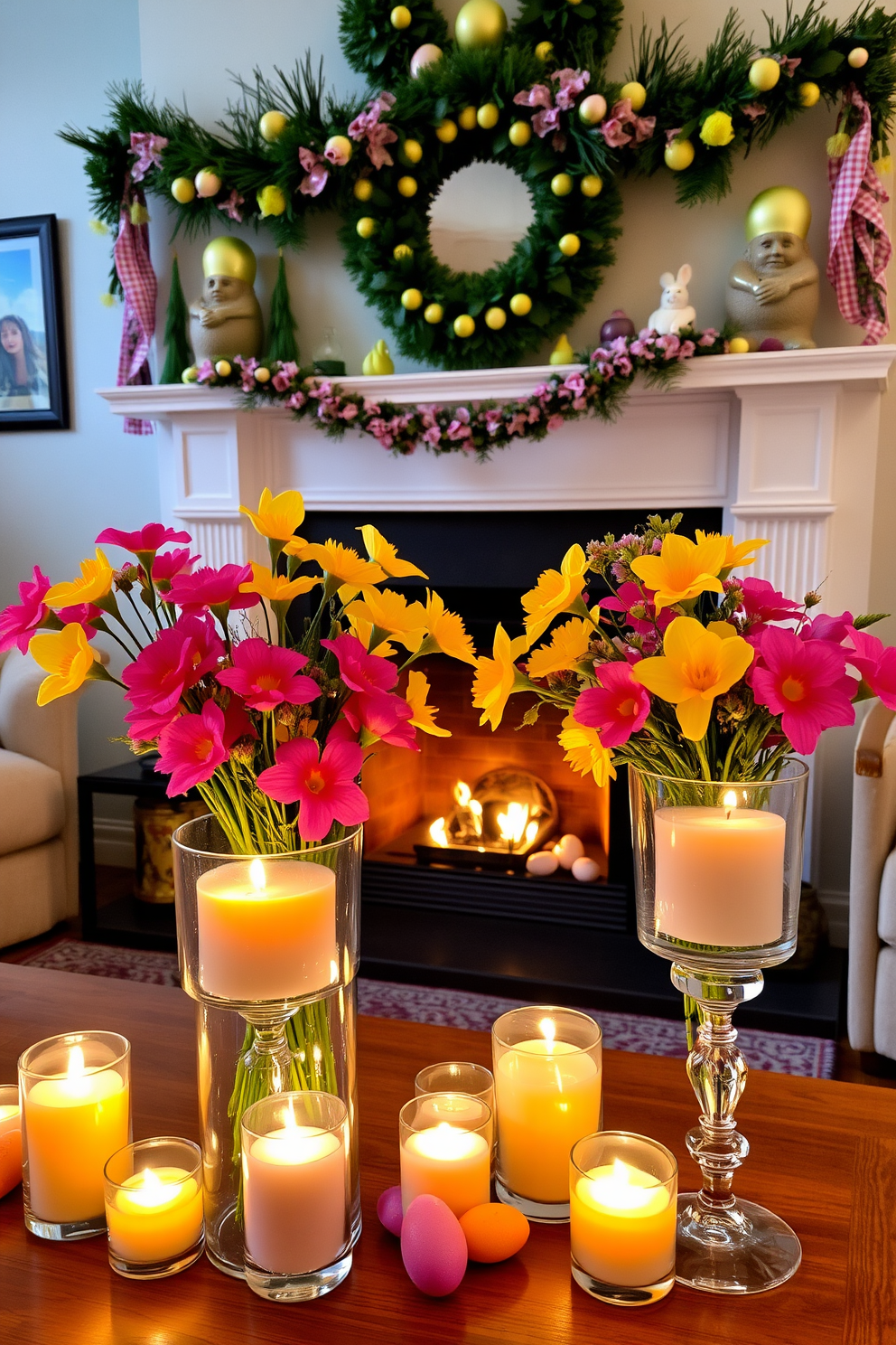 A charming living room setting adorned with glass candle holders filled with vibrant spring flowers. The flickering candles create a warm ambiance, enhancing the cozy atmosphere of the space. In the background, a beautifully designed fireplace serves as a focal point, elegantly decorated for Easter. Colorful garlands and tasteful ornaments bring a festive touch to the room, celebrating the joy of the season.