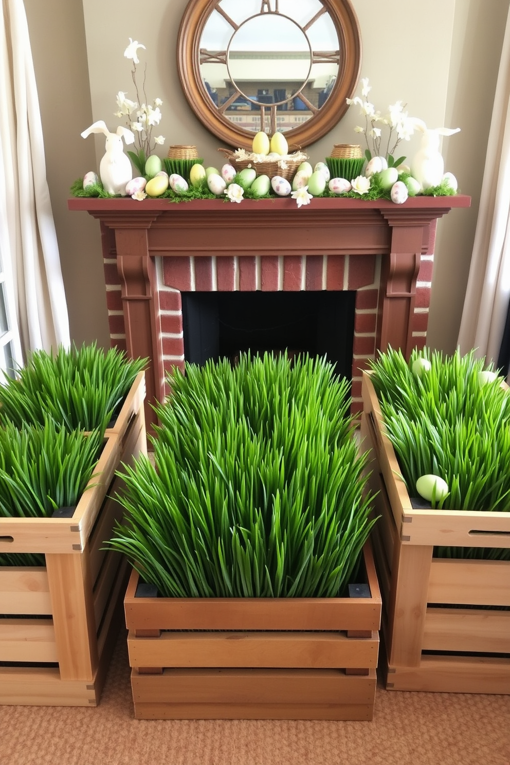 A cozy living room setting featuring wooden crates filled with lush faux grass arranged around a central fireplace. The fireplace is adorned with seasonal Easter decorations, including pastel-colored eggs and spring flowers, creating a warm and inviting atmosphere.