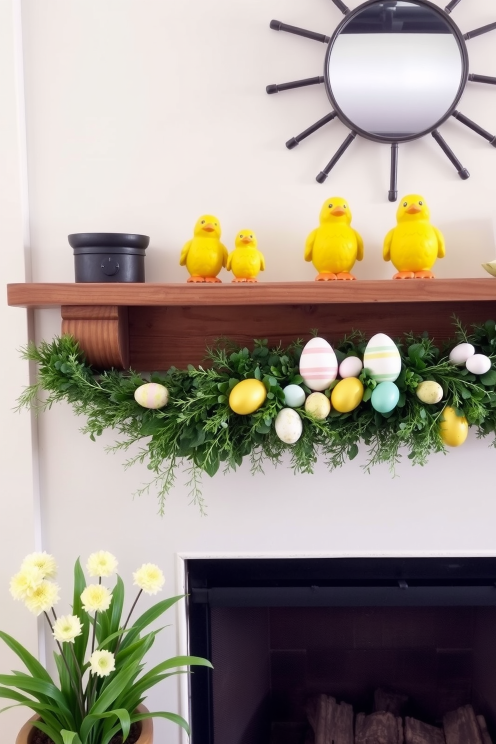 A rustic wooden crate is filled with seasonal decor, showcasing vibrant spring flowers and colorful Easter eggs. Beside it, a cozy fireplace adorned with garlands of greenery and twinkling fairy lights creates a warm and inviting atmosphere.