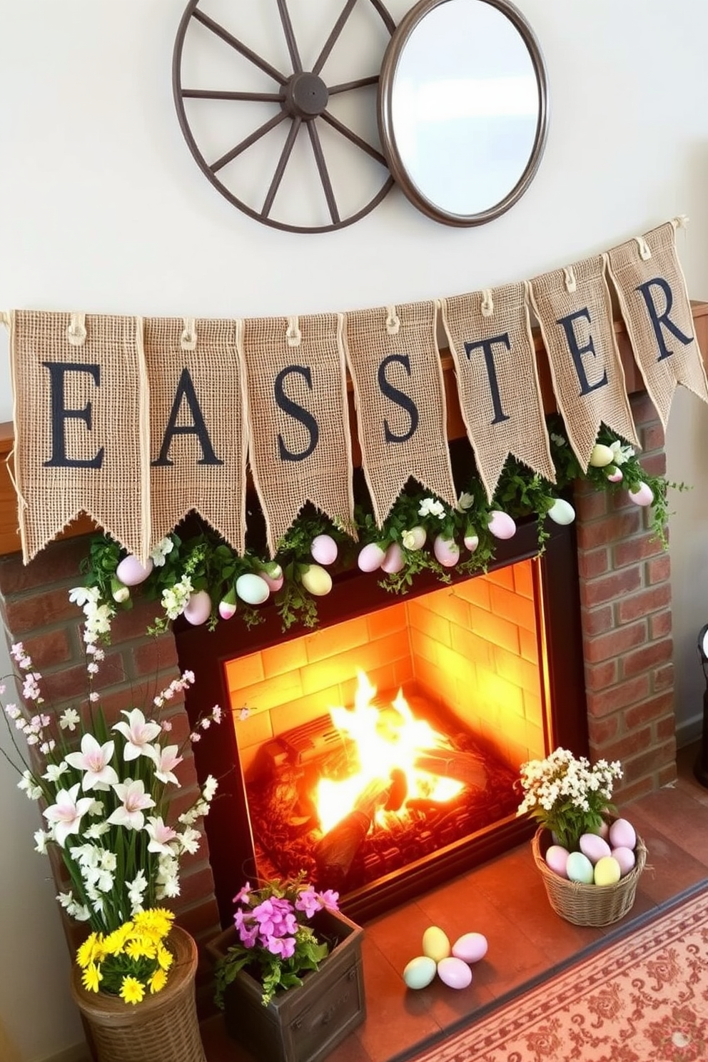 A cozy living room setting adorned with pastel candles in varying heights, placed on a rustic wooden mantel. The soft glow of the candles complements the warm ambiance created by a crackling fireplace, enhancing the festive Easter decorations surrounding it.