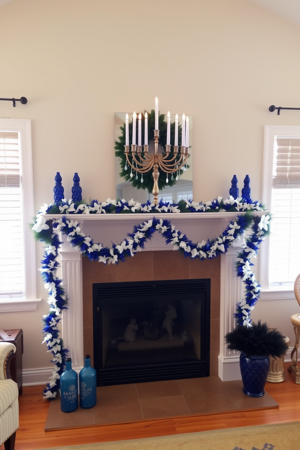 A beautifully decorated fireplace adorned for Hanukkah. The mantel is draped with blue and white garlands, and a stunning menorah with blue and white candles takes center stage, casting a warm glow in the room.