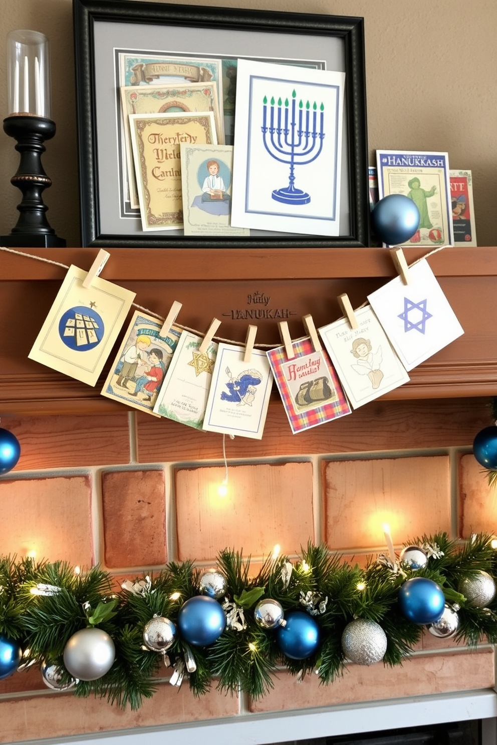 A collection of vintage Hanukkah cards is displayed creatively on a rustic wooden mantel. The cards are arranged in a visually appealing manner, with some framed and others clipped to twine with clothespins. The fireplace is adorned with festive decorations, featuring traditional blue and silver ornaments. Soft white lights twinkle around the hearth, creating a warm and inviting atmosphere for the holiday season.