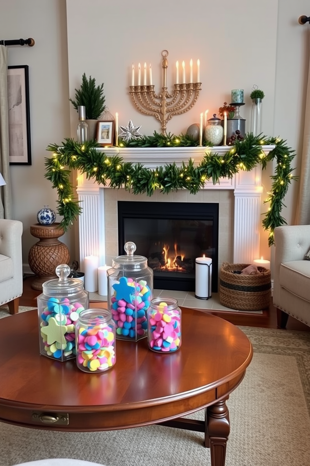 A handmade Hanukkah banner drapes gracefully across the mantle, showcasing vibrant blue and white colors. The fireplace below is adorned with festive decorations, including menorahs and decorative dreidels that enhance the holiday spirit.