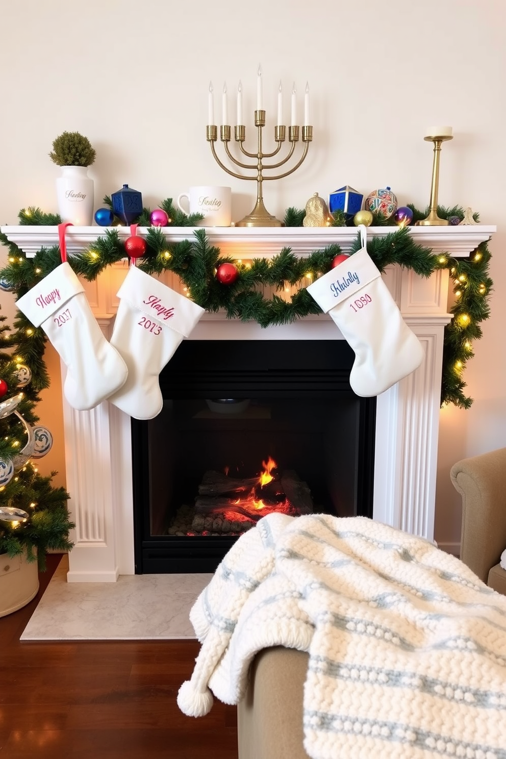 A cozy living room adorned with vintage Hanukkah books displayed on a rustic wooden shelf. The fireplace is elegantly decorated with garlands of greenery and twinkling fairy lights, creating a warm and inviting atmosphere.