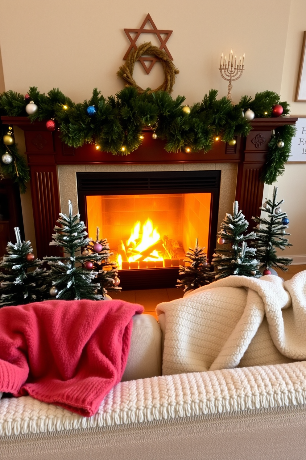 Seasonal throw pillows in festive colors are arranged on a plush sofa, enhancing the cozy atmosphere of the living room. The pillows feature patterns of snowflakes and menorahs, adding a cheerful touch to the space. A beautifully designed fireplace serves as the focal point of the room, adorned with decorative elements for Hanukkah. Blue and silver accents, including a menorah and decorative dreidels, are artfully placed on the mantel, creating a warm and inviting ambiance.