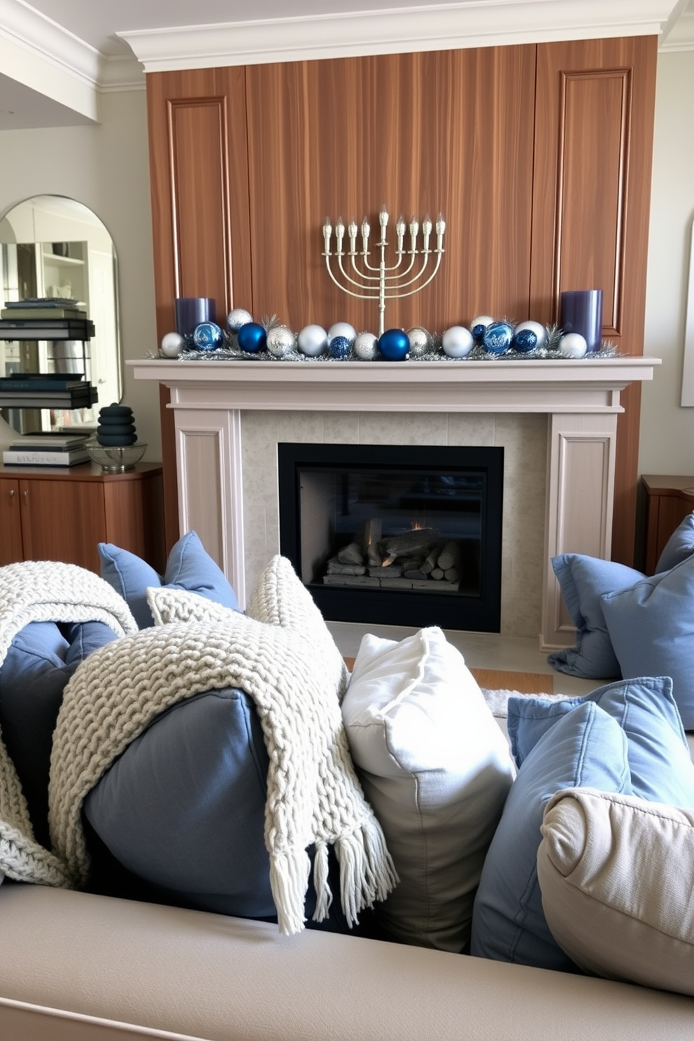 A cozy living room adorned with layered fabrics that create a sense of texture and warmth. Plush cushions in various shades of blue and gray are scattered across a large sectional sofa, complemented by a soft knitted throw draped over the arm. In the center of the room, a modern fireplace serves as a focal point, framed by elegant wood paneling. The mantel is decorated with festive Hanukkah decorations, including a beautiful menorah and blue and silver ornaments, adding a touch of holiday spirit to the space.